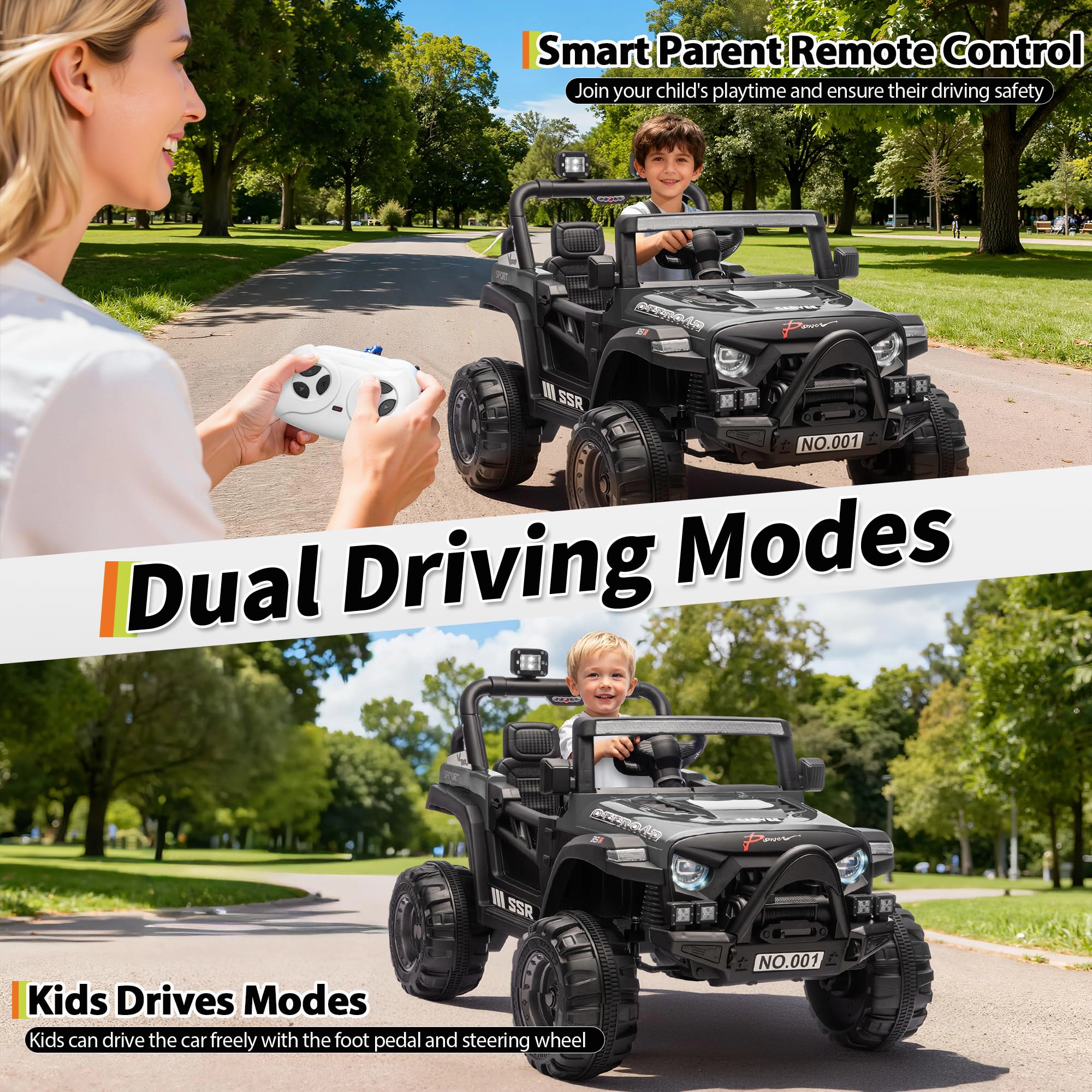 12V Kids Ride-On Truck Car, Battery Powered Vehicles with Remote, Music, LED Lights, Suspension