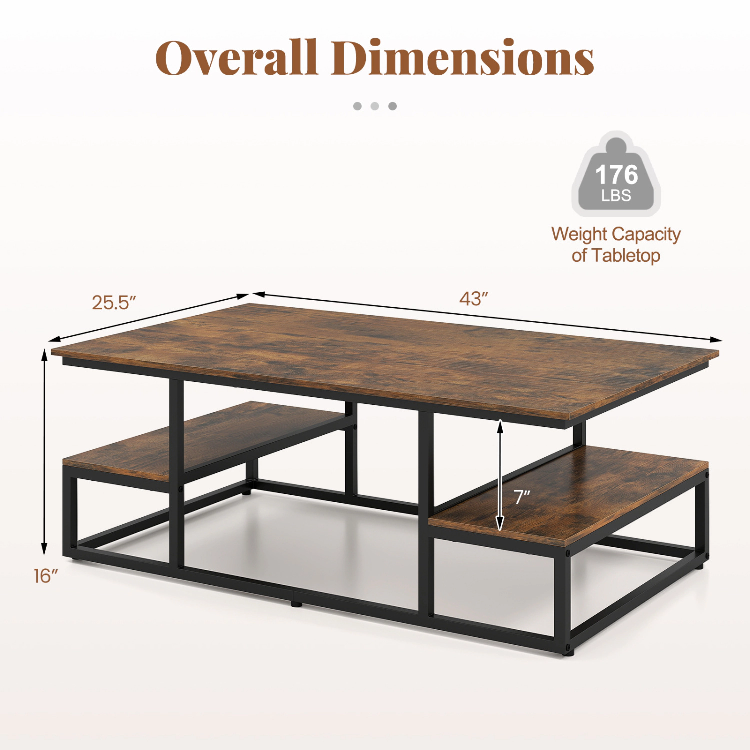 Glintex 43-Inch Rectangular Coffee Table with 2 Open Storage Shelves, Rustic Brown & Black
