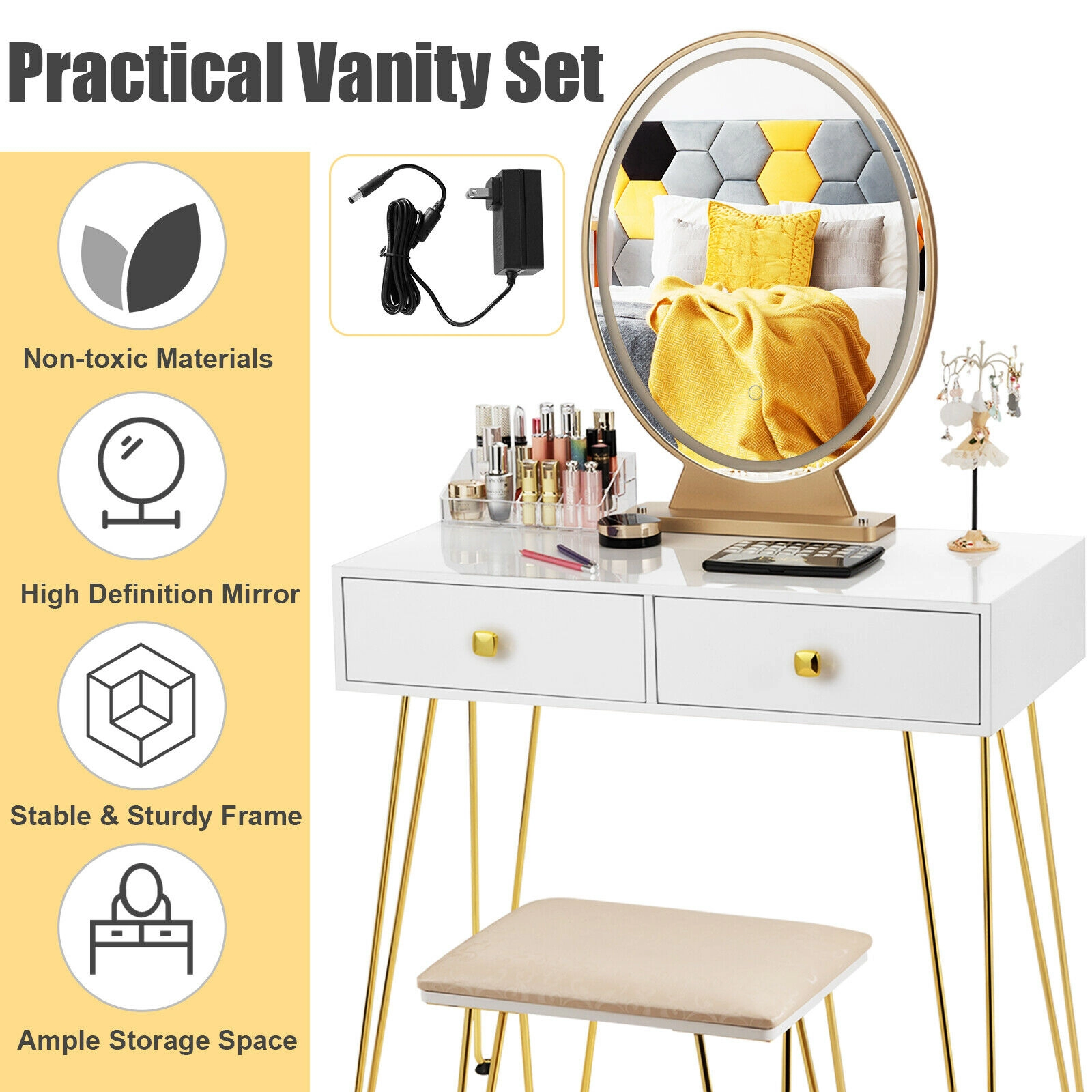 SUGIFT White 3 Lighting Modes Removable Mirror and Fluffy Stool Industrial Makeup Dressing Table