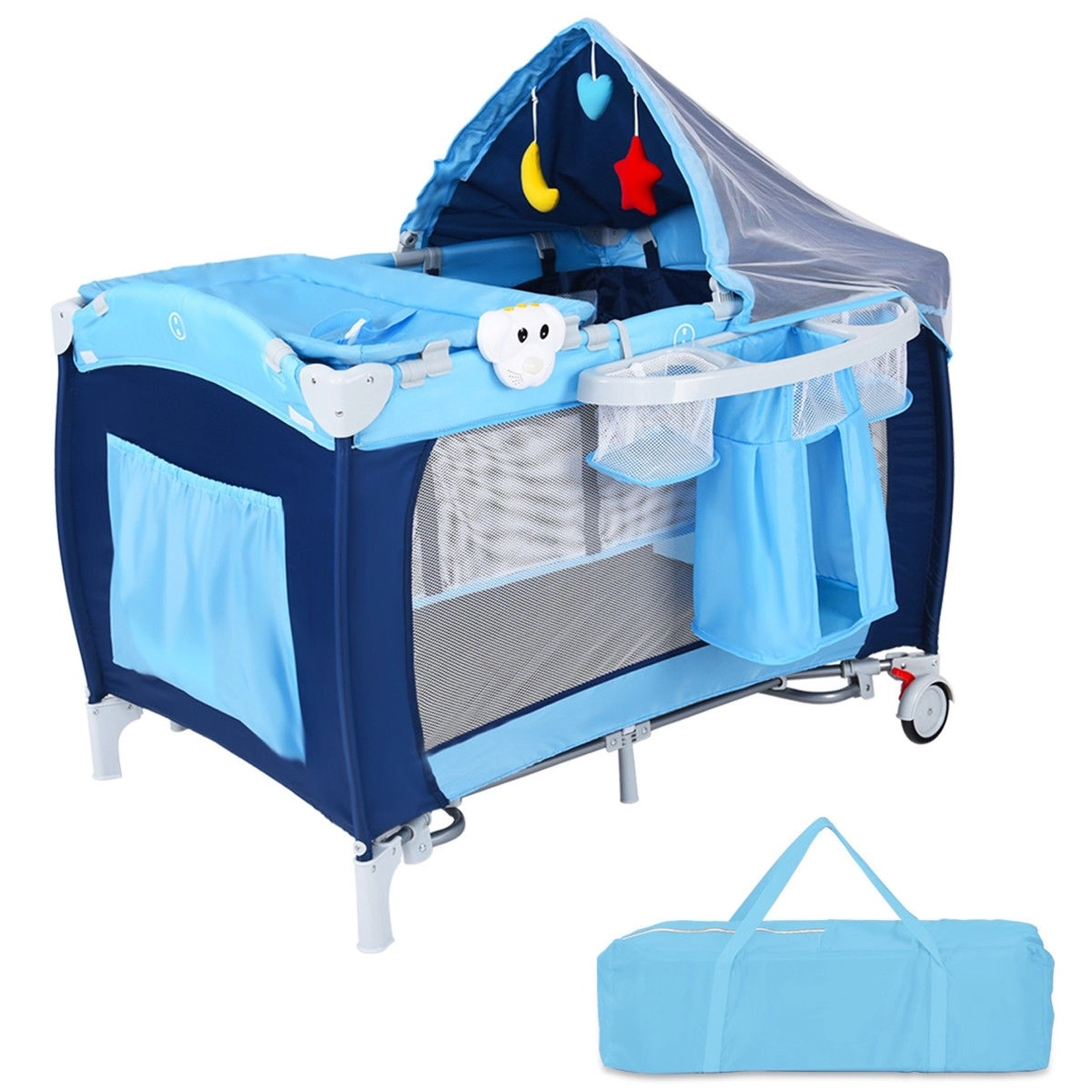 SUGIFT Baby Mosquito Net Bassinet Changing Table Foldable Crib Playard 43.5-in x 31-in x 47.5-in 33-lb Capacity Blue