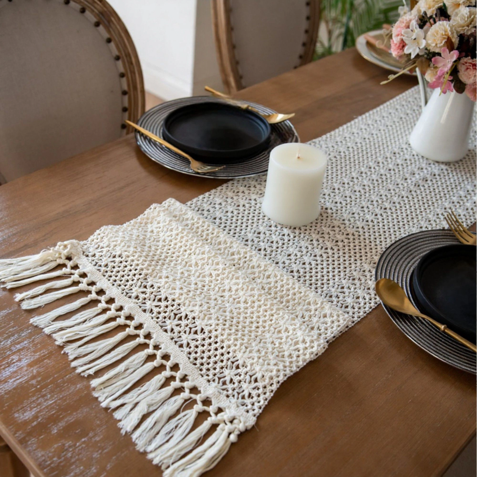Alilang Unisex Textured Woven Table Runner with Fringe Edges and Bohemian Stripe Pattern 47x11.8 in