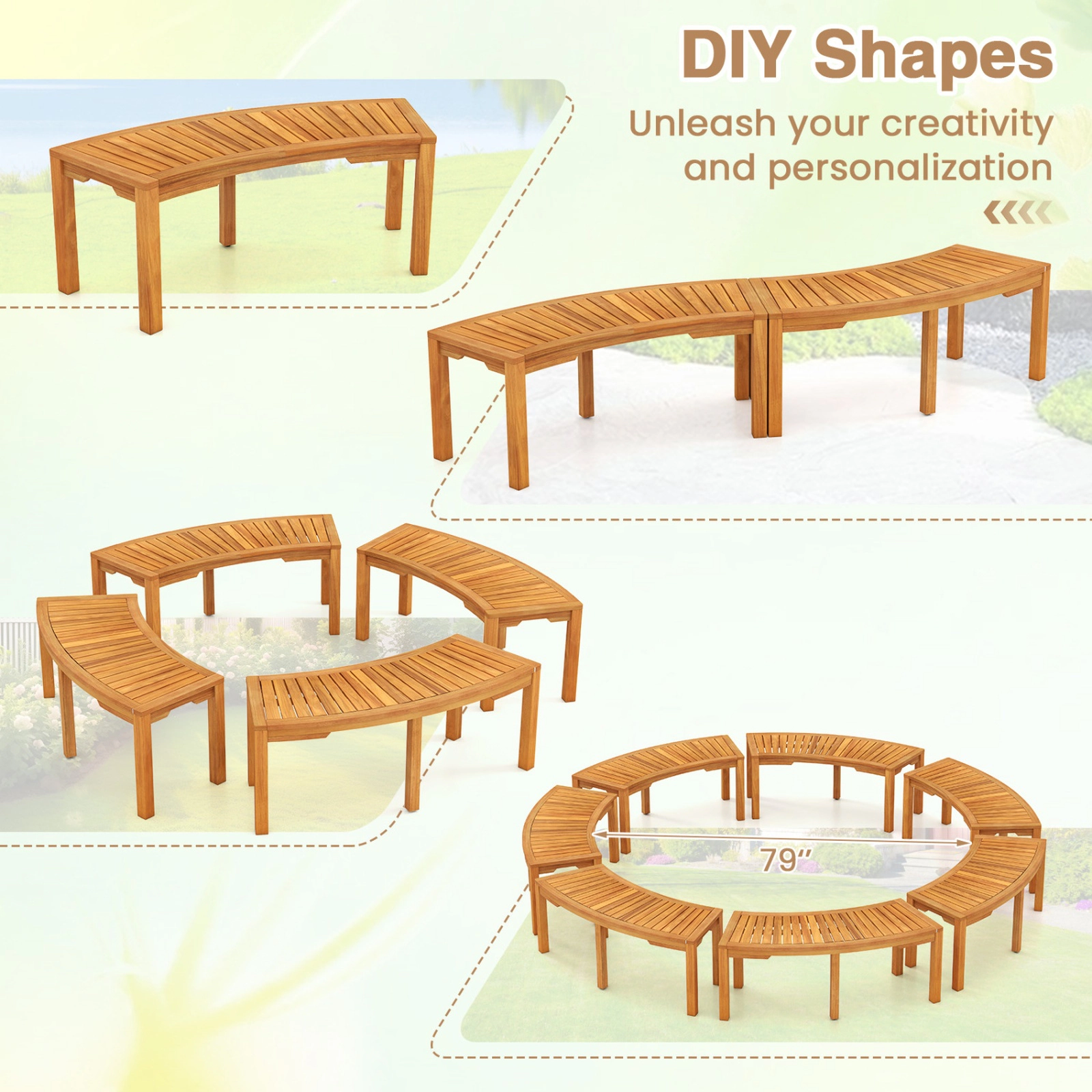 SUGIFT Set of 2 Outdoor Benches Natural Acacia Wood Curved Garden Bench for 2 People