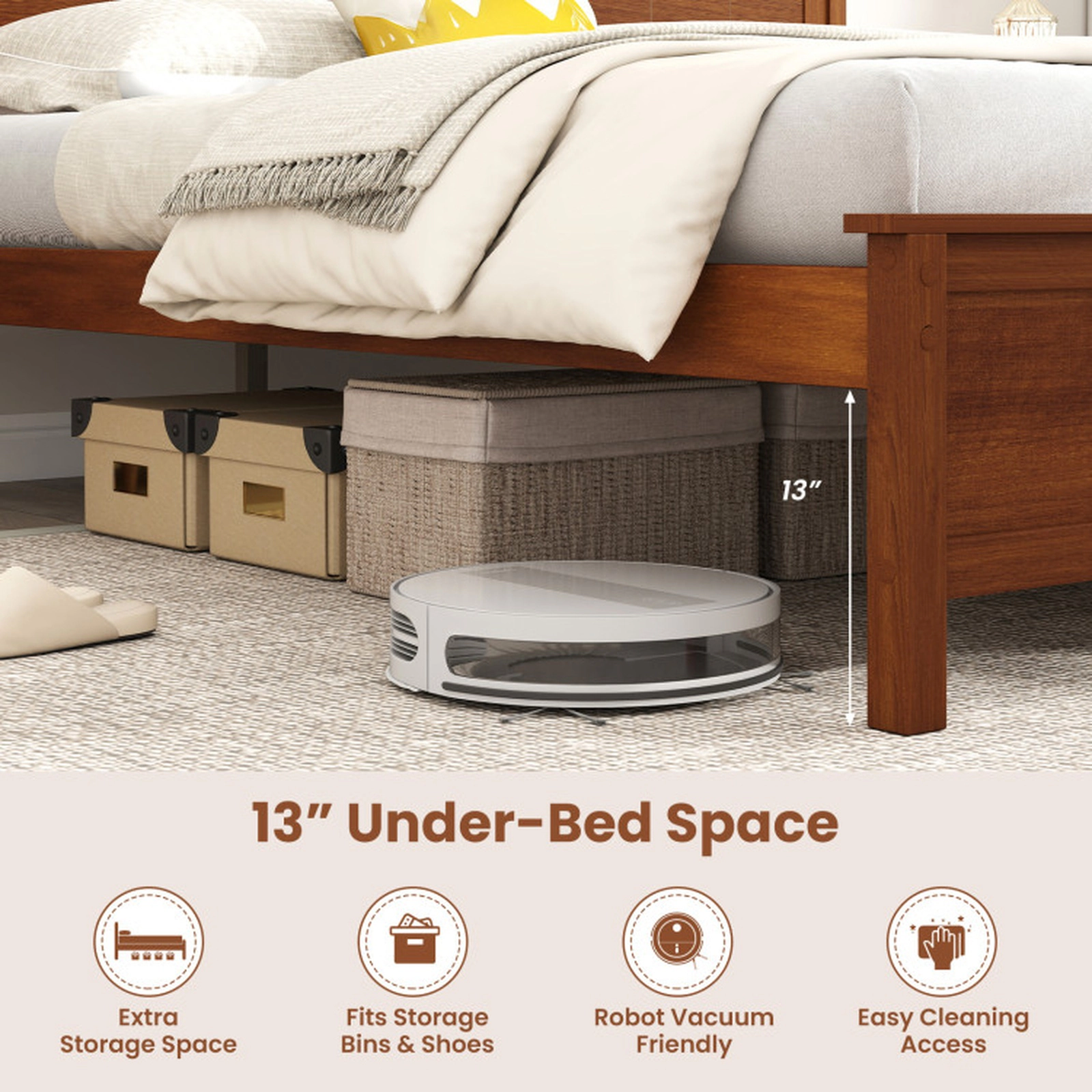 SUGIFT Queen Size 440-lb Capacity Walnut Solid Wood Platform Bed Frame with Headboard and 8 Plywood Slats