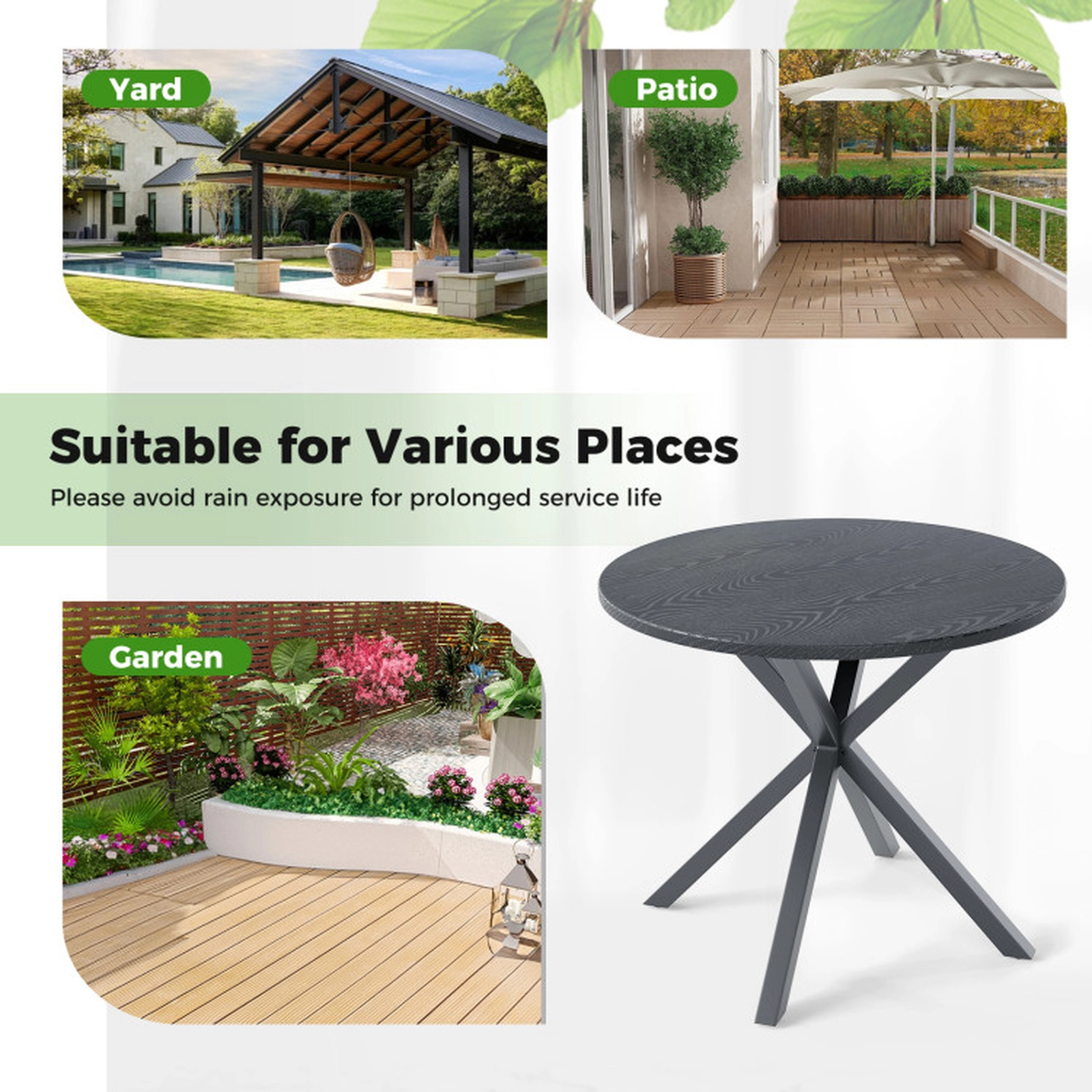 SUGIFT 33.5-Inch Black Round Outdoor Bistro Table, Wood-Look Top, X-Legs