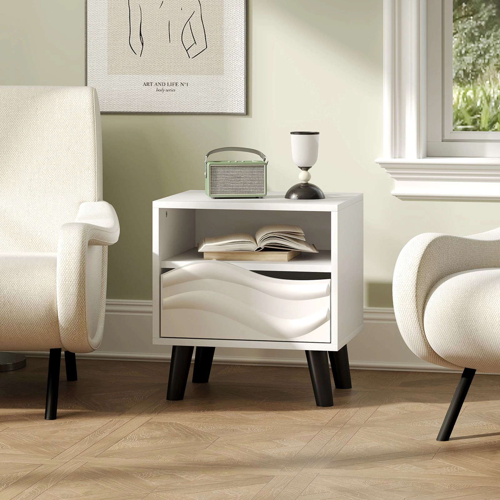 SlickBlue Modern Nightstand with Drawer and Open Shelf