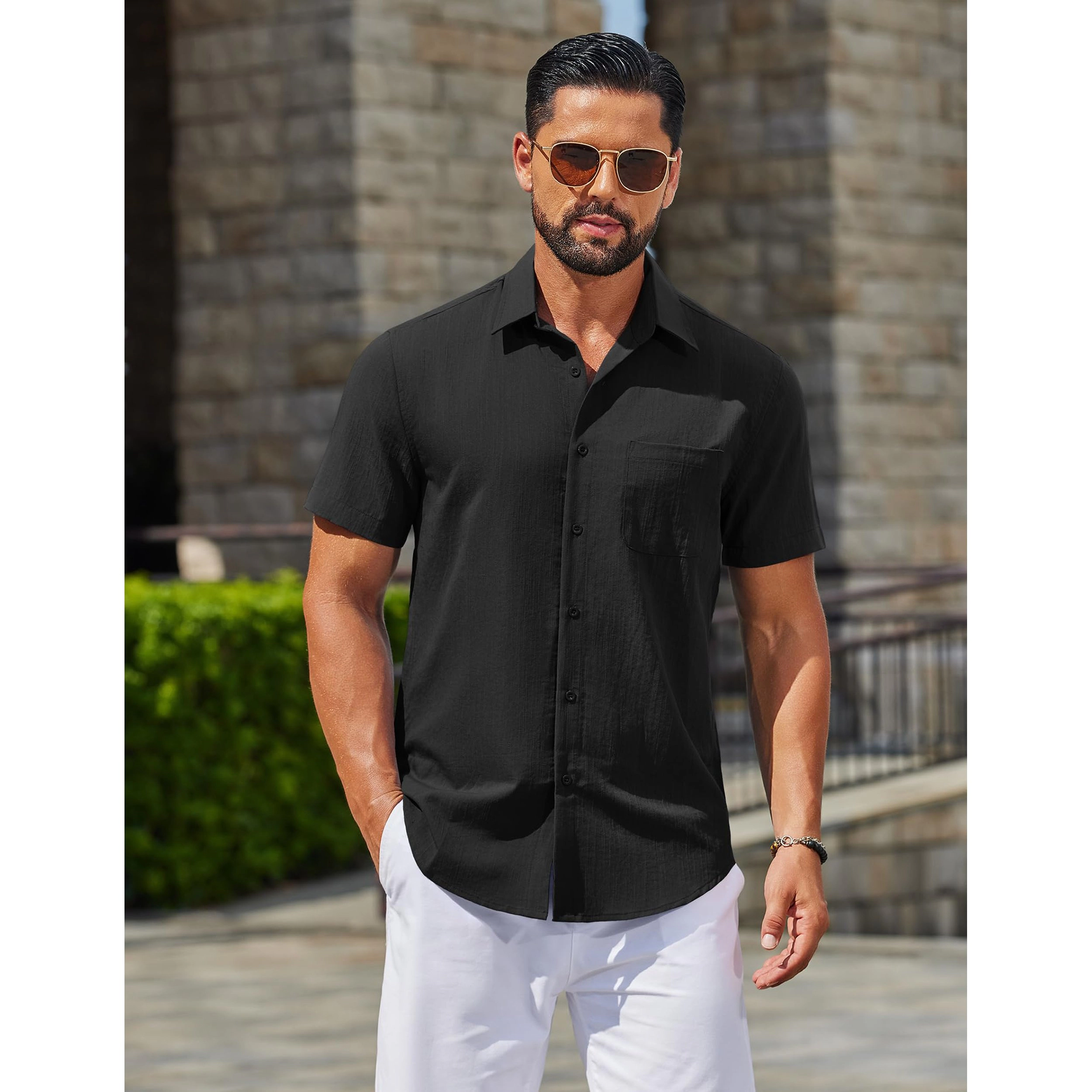 COOFANDY Mens Casual Short Sleeve Button Down Shirt Lapel Collar Pocket  Tops