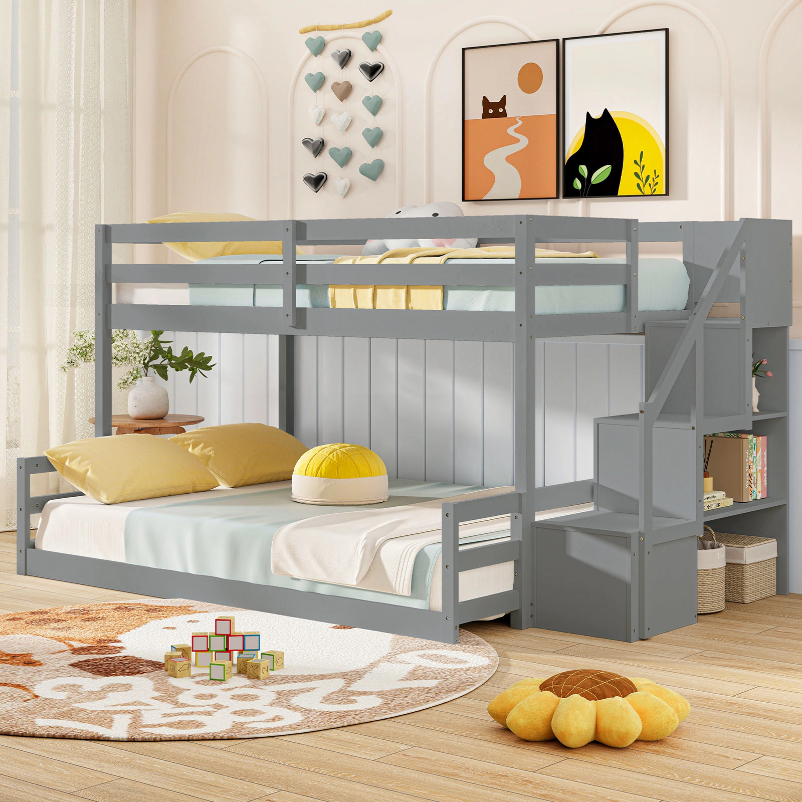 SUGIFT Kids Twin Over Full Storage Stairs Pine Wood Low Bunk Bed 94.5-in x 56.5-in x 50.5-in 250-lb Capacity Gray
