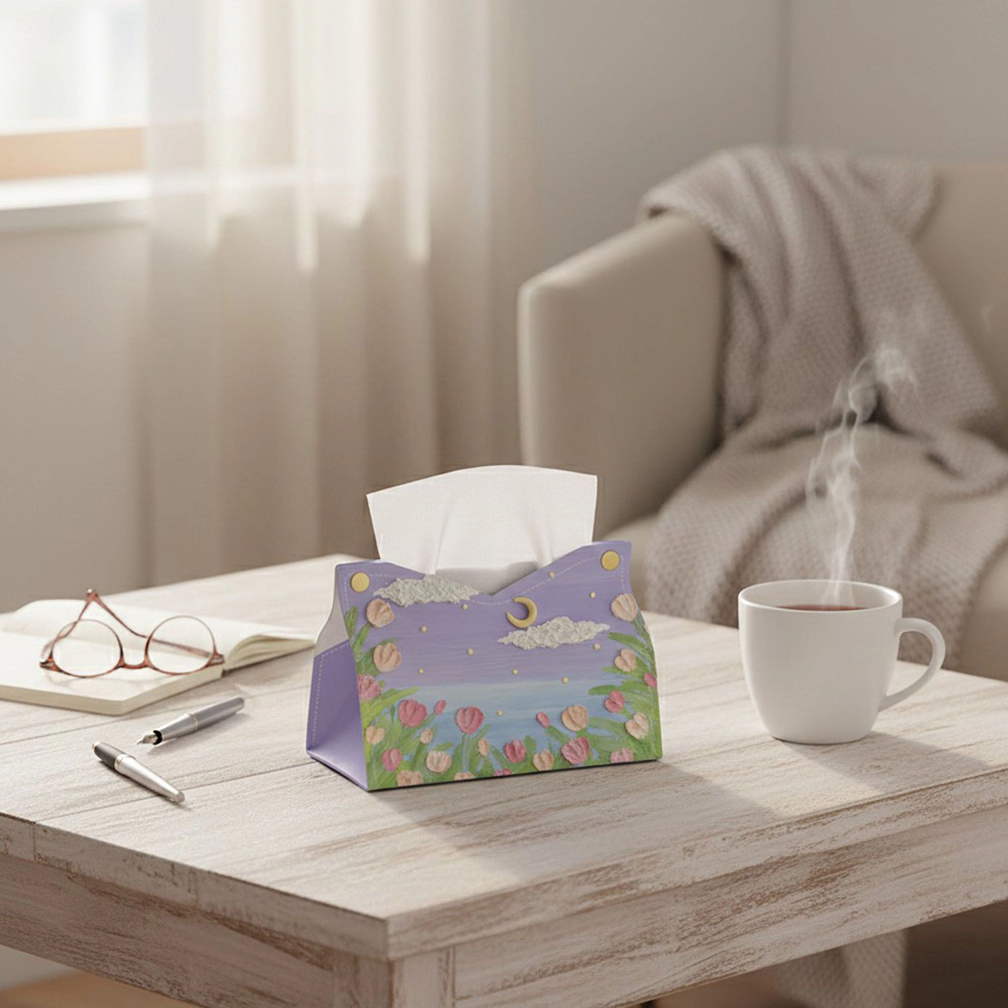 Alilang Unisex 3-Piece Floral Decorative Tissue Box Cover with Painted Tulip Design