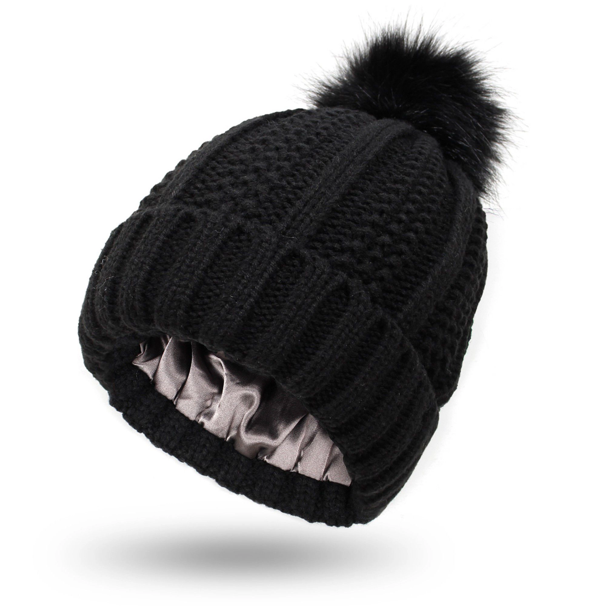 Anna-Kaci Women's Satin-Lined Ribbed Knit Fluffy Pom Winter Beanie Hat