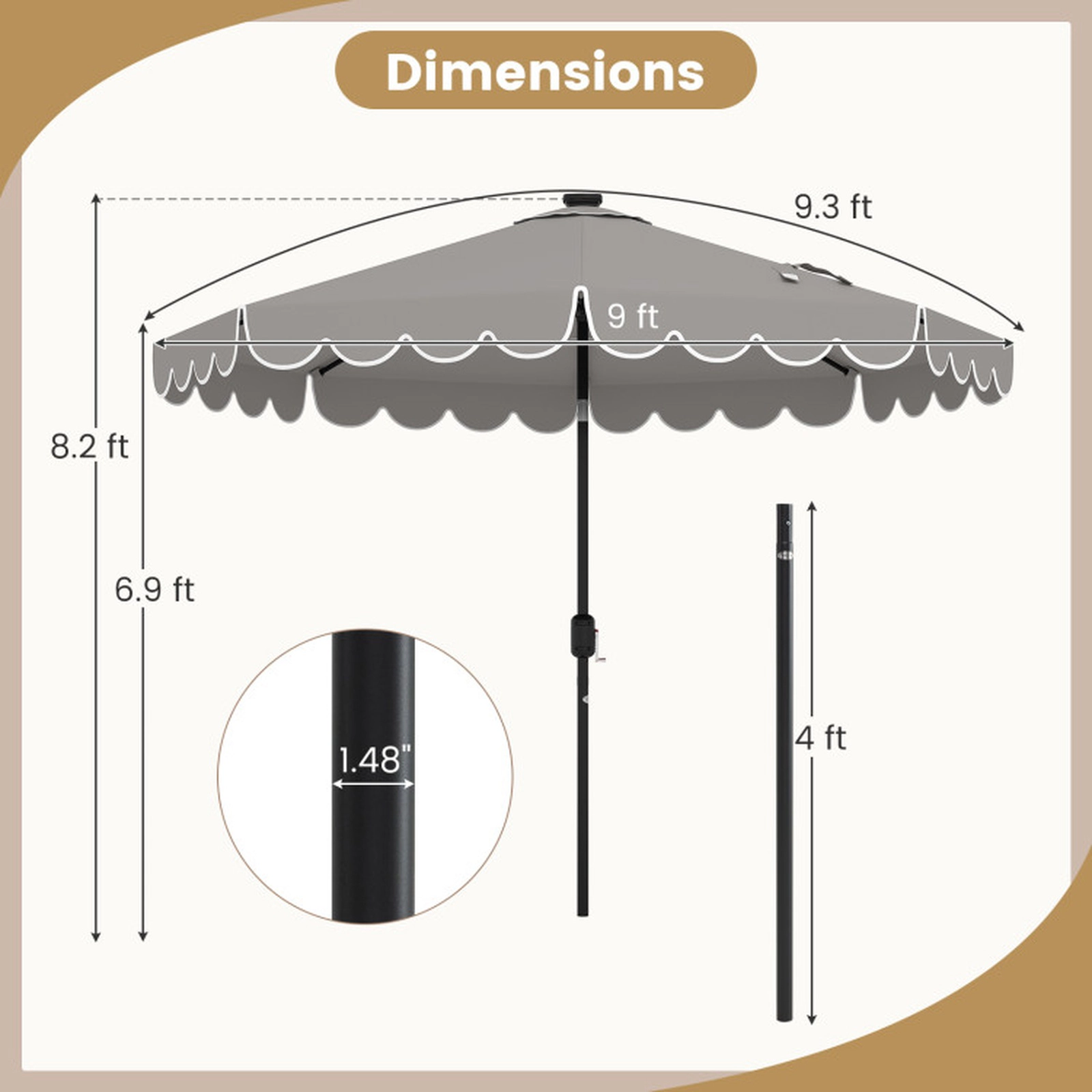 SUGIFT Gray Solar Patio Umbrella with Ruffled Edges Vented Top and 24 LED Lights 9.3-ft Dia 8.2-ft H