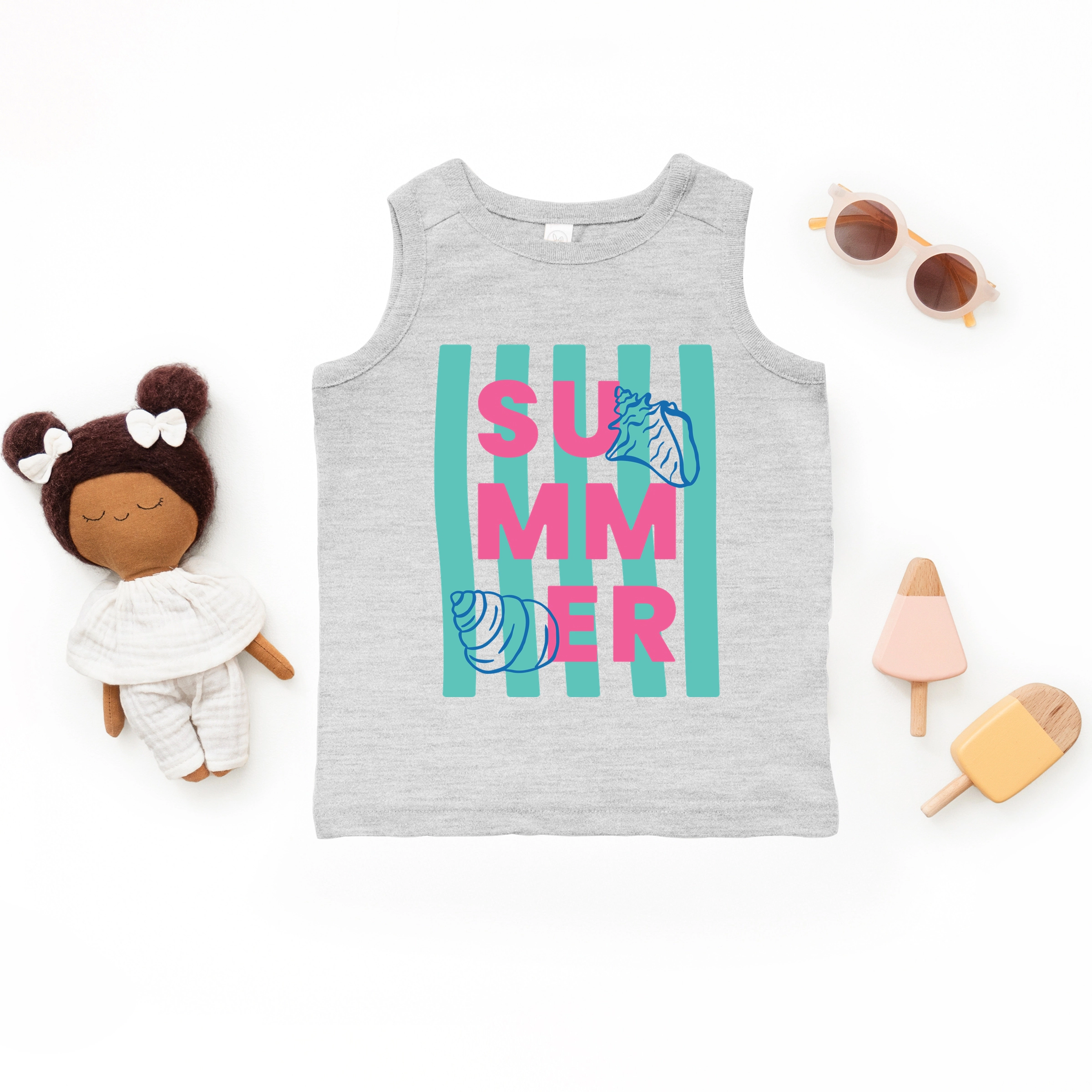 The Juniper Shop - Summer Stripes Seashells Toddler Graphic Tank