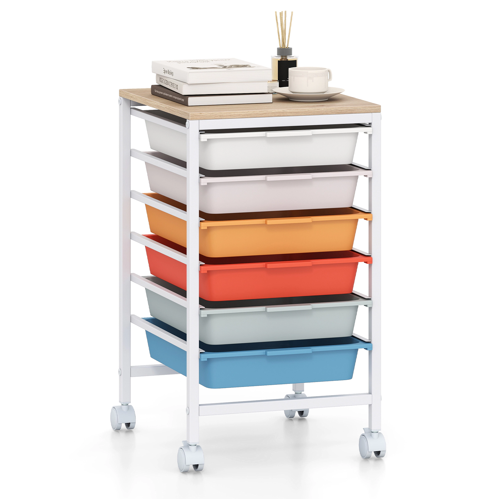 LJG 6-Drawer Rolling Storage Cart with Wooden Tabletop