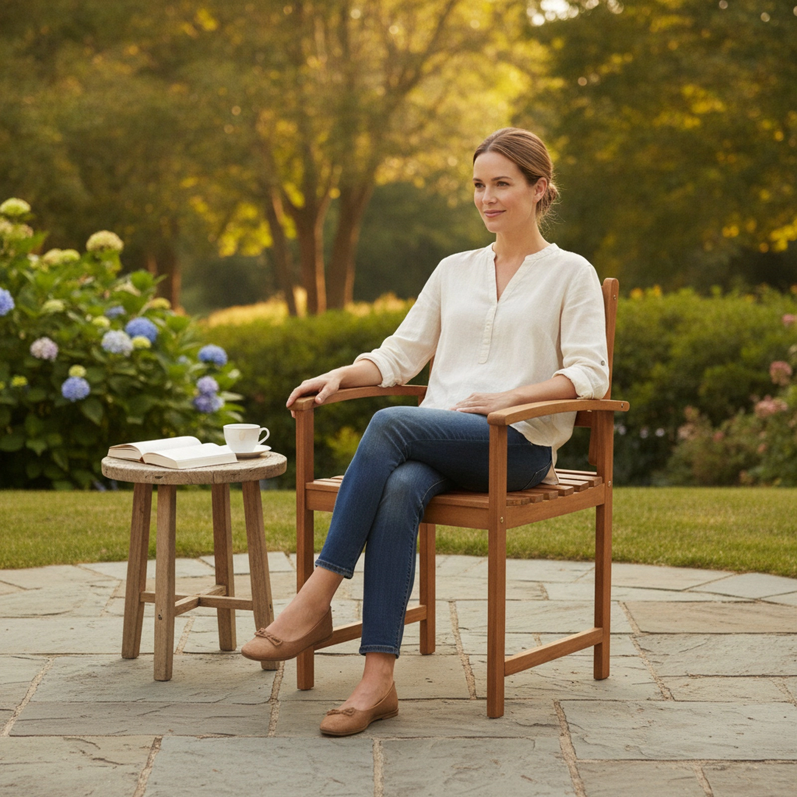 SUGIFT Set of 2 Outdoor Acacia Wood Dining Chairs, Curved Arms, Slatted Seats, 18 in Seat Height