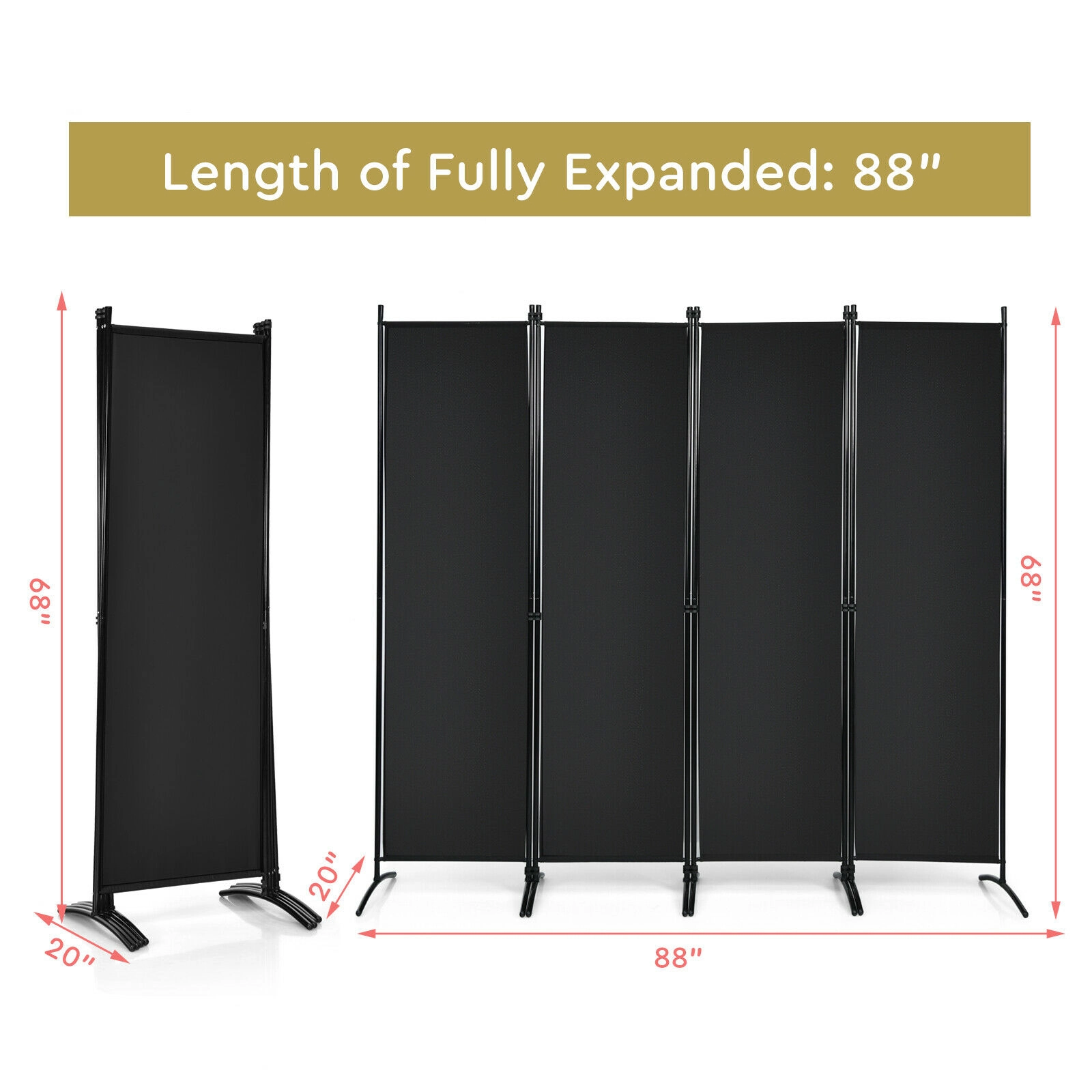 SUGIFT 4-Panel 88-in Wide 68-in Tall Folding Room Divider Wall Privacy Screen with Steel Frame and Square Feet