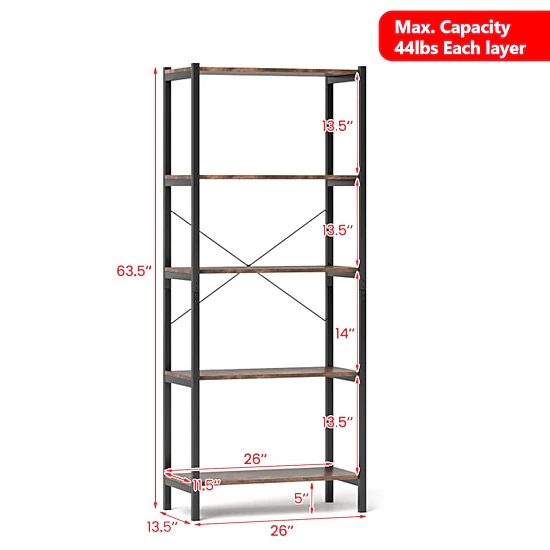 Hivvago Industrial 5-Tier Metal Frame Bookshelf and Storage Rack