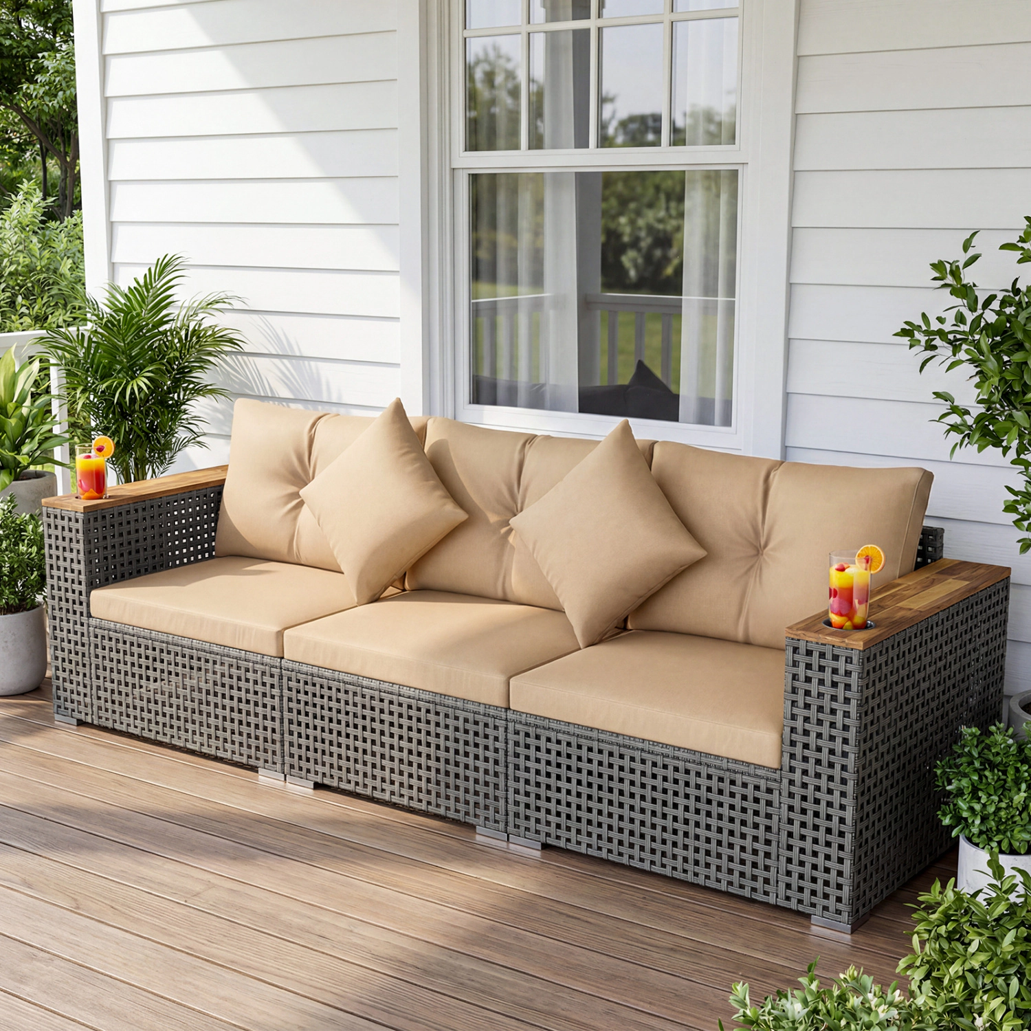 LJG Patio Wicker Sectional Furniture Set with 1 Armless and 2 Corner Sofas for Garden