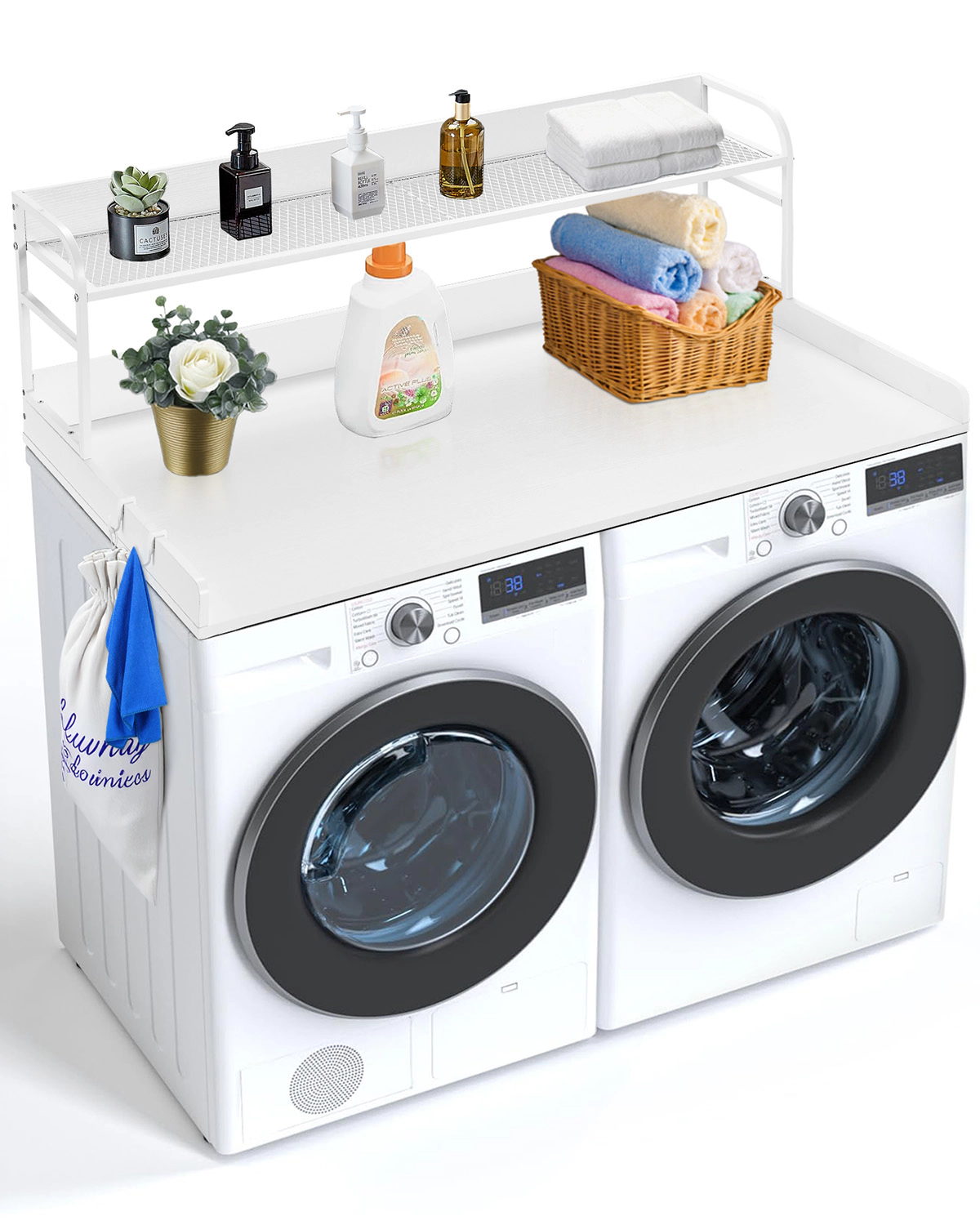 HONGGE Washer Dryer Countertop with 2-Tier Shelf 54" x 27" Wooden Washer and Dryer Countertop with Anti-Slip Pads