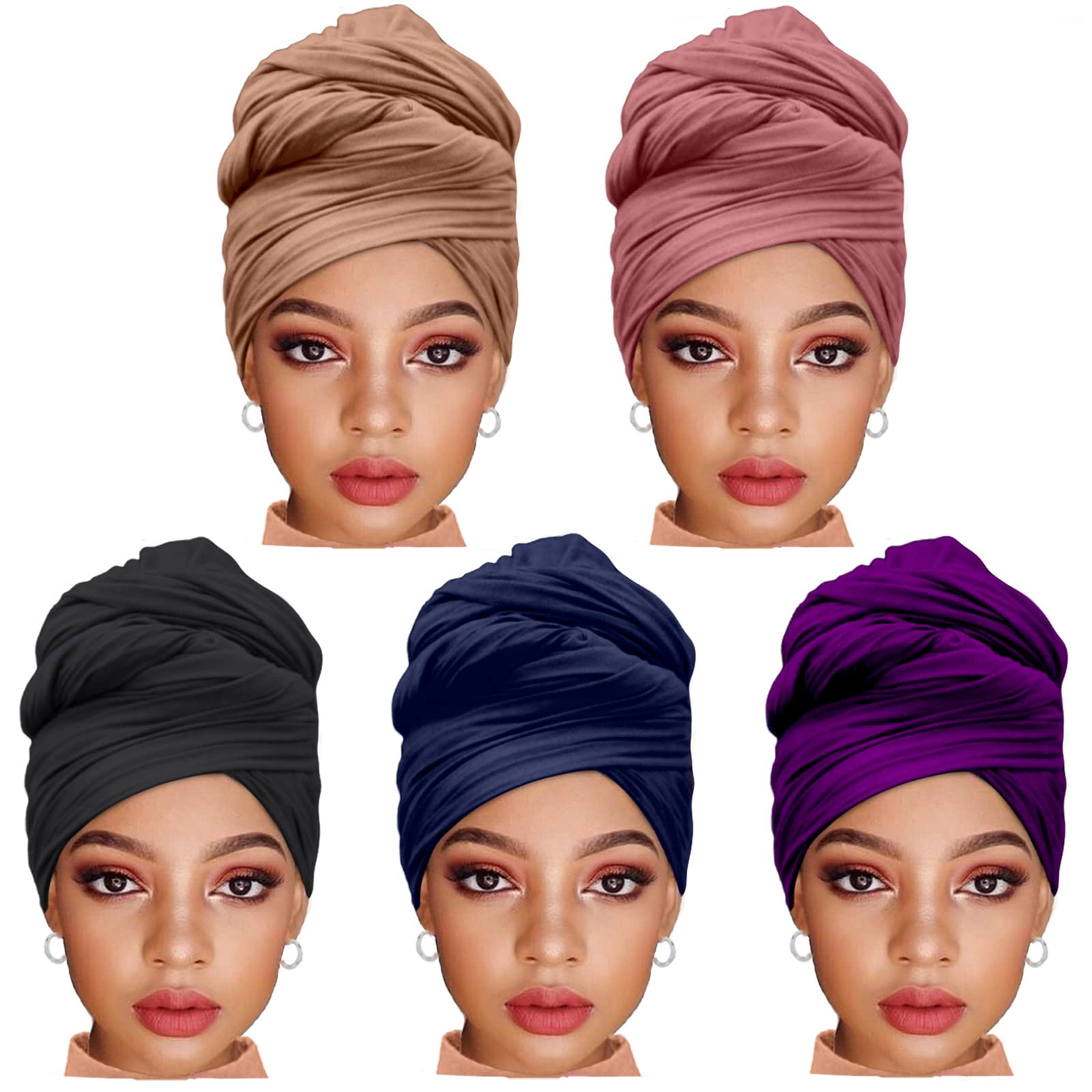 5 Pieces Women's Head Waps Stretch Turban Hijab Soft And Breathable Super Long Scarf Solid Colorbination Suitable For