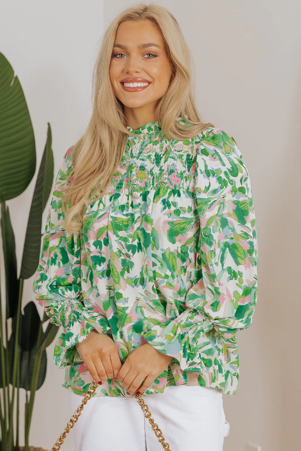Threaded Pear Women's Milena Sleeve Shirred Mock Blouse