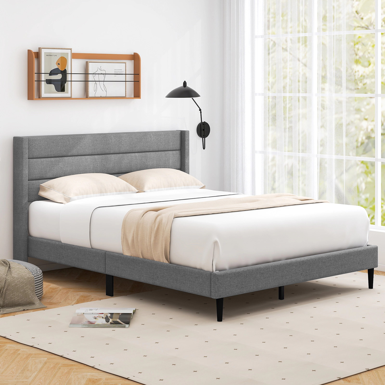 Queen Size Linen Upholstered Platform Bed Frame with Quilted Wingback Headboard 10 Ventilated Plywood Slats Grey