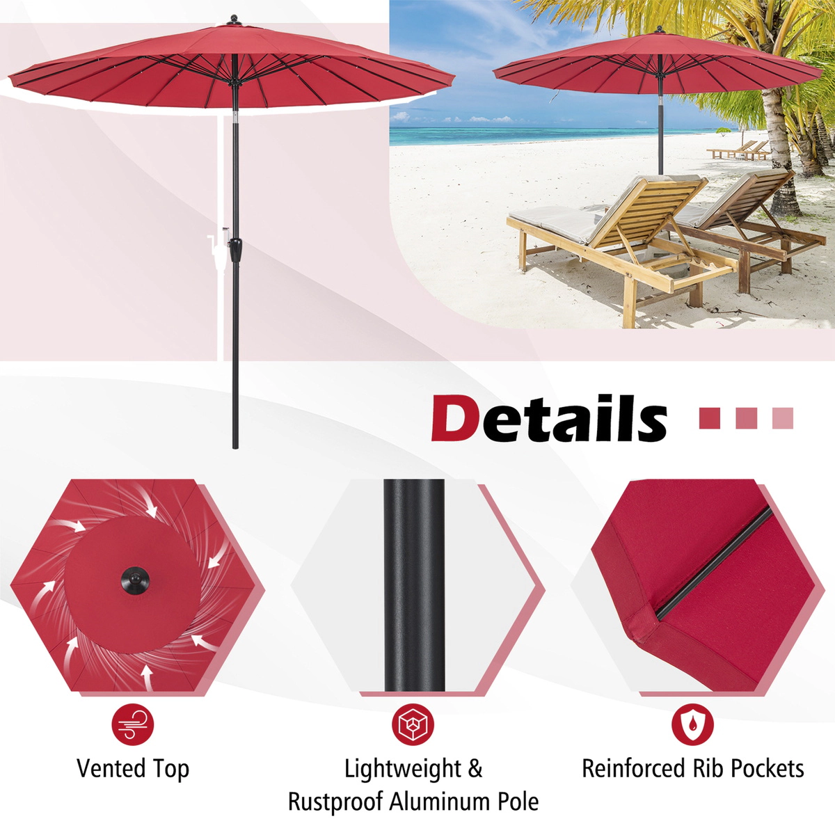 SUGIFT Wine 18 Fiberglass Ribs and Crank Lift 9 FT Round Patio Market Umbrella