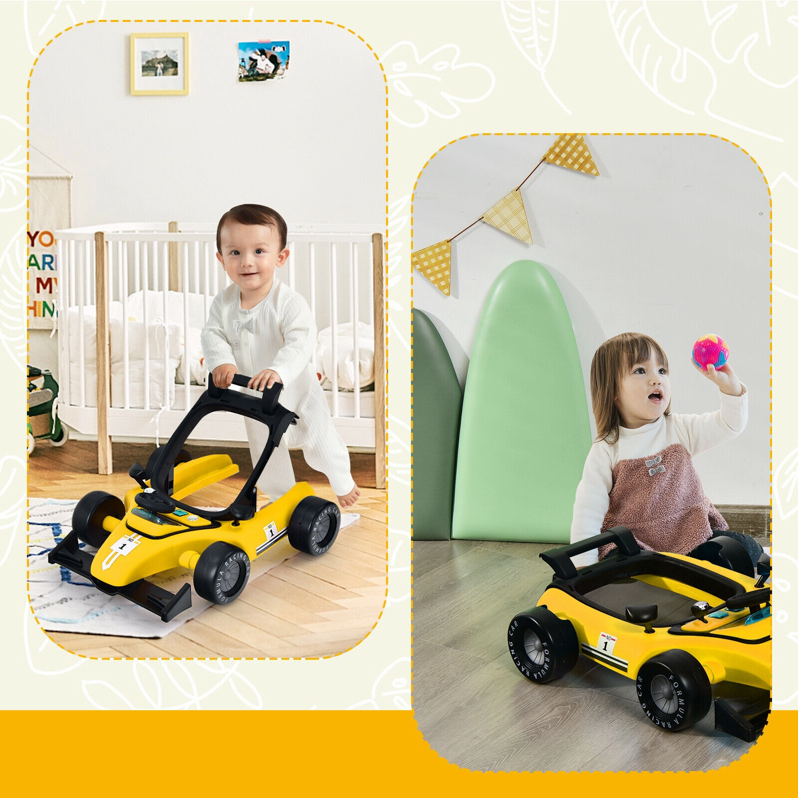 4-in-1 Foldable Activity Push Walker with Steering Wheel Shifter 2 Rearview Mirrors Music and Lights in Yellow
