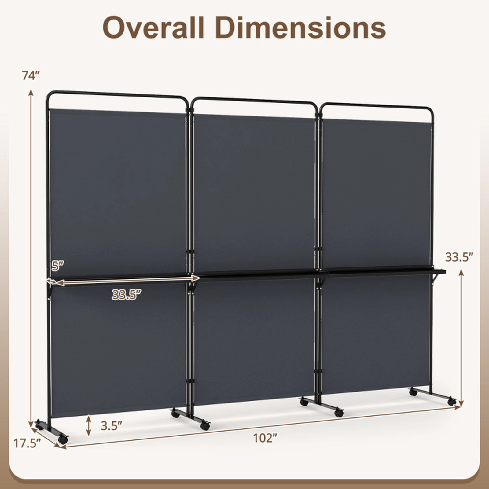 SUGIFT Gray 3-Panel Folding Room Divider Partition with 3 Shelves 8 Braked Wheels and 102-in Wide Span