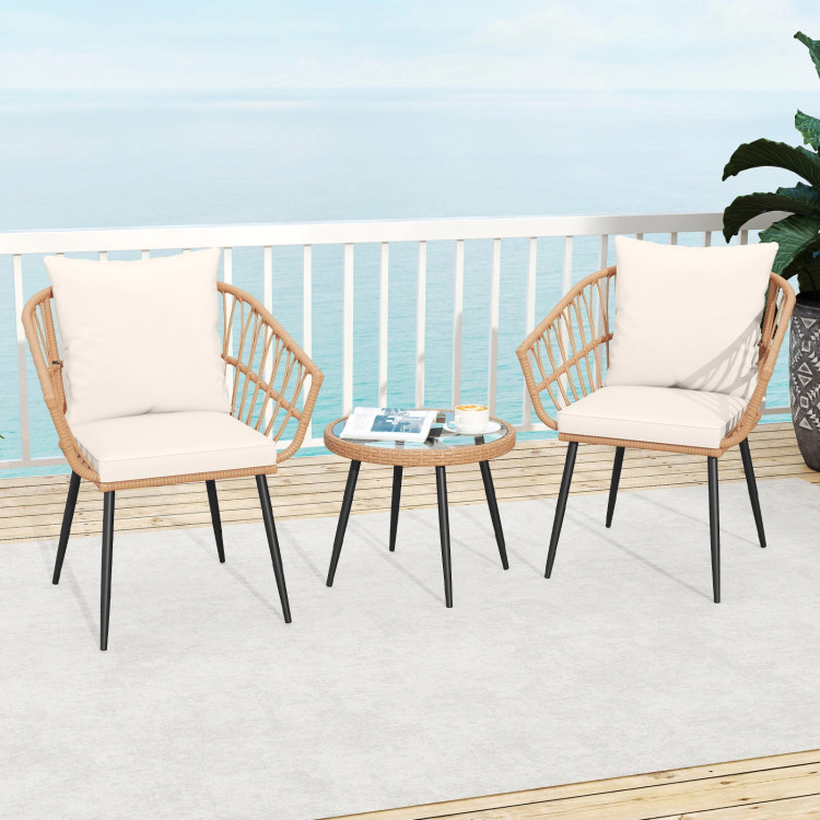 SUGIFT 3 Piece PE Rattan Patio Bistro Conversation Set Tempered Glass Coffee Table 110-lb Table 330-lb Chairs Natural