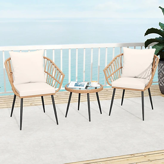 SUGIFT 3 Piece PE Rattan Patio Bistro Conversation Set Tempered Glass Coffee Table 110-lb Table 330-lb Chairs Natural