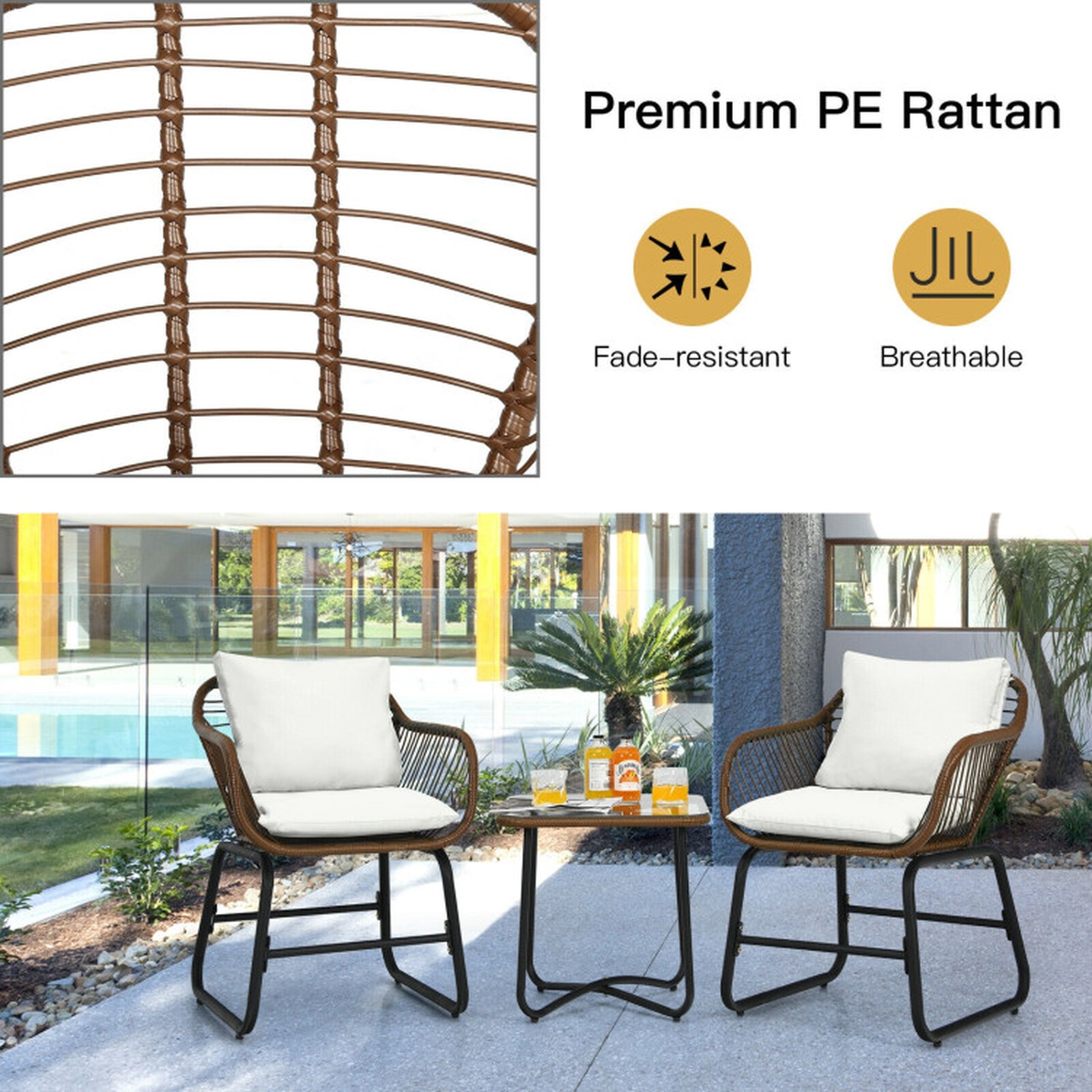 SUGIFT 3-Piece Patio Rattan Bistro Conversation Set with Cushions and Glass Top Table 350-lb Chair Capacity Brown Rattan