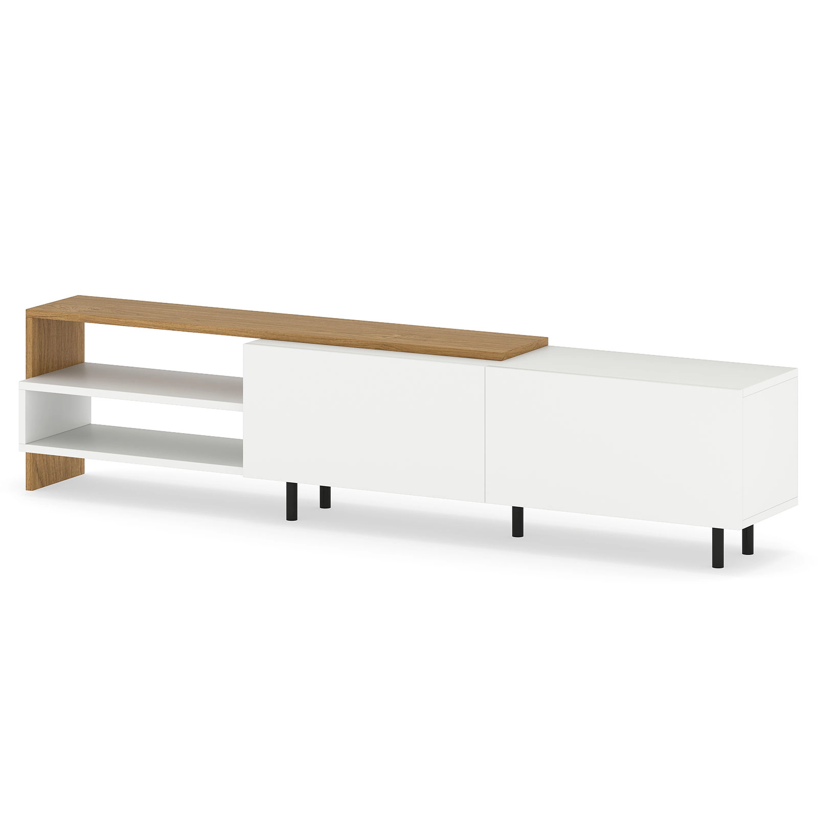 SUGIFT 71.5 in TV Stand White and Natural for 80 in TVs with Open Shelves and Cabinets