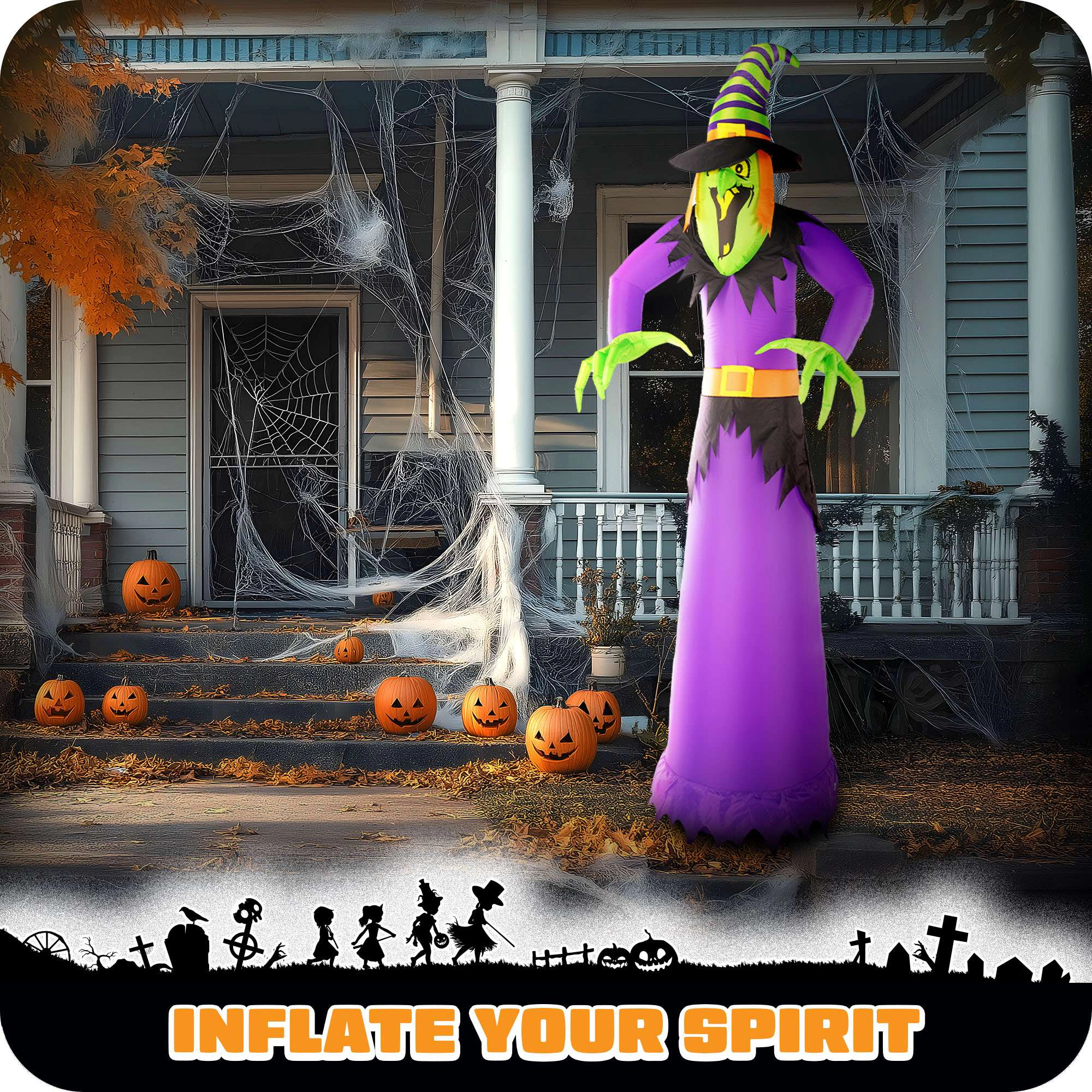 G128 10 ft Witch Inflatable with LED Lights, Weather-Resistant Outdoor Decor