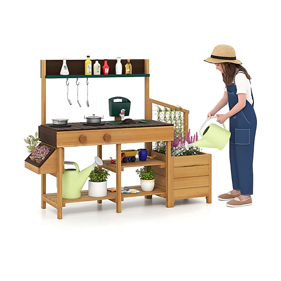 LJG Play Kitchen for Kids Wooden Toy Kitchen Playset Pretend Mud Kitchen