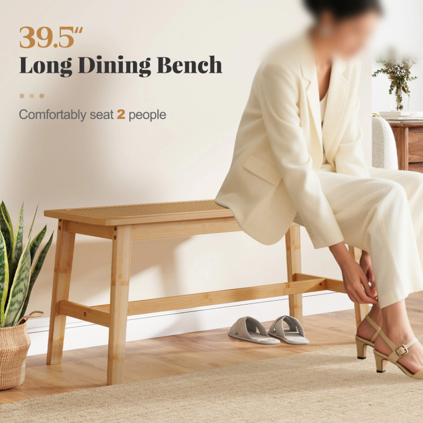 SUGIFT Natural Handwoven PVC Rattan Seat for Indoor Outdoor 39.5 Inch Bamboo Dining Bench
