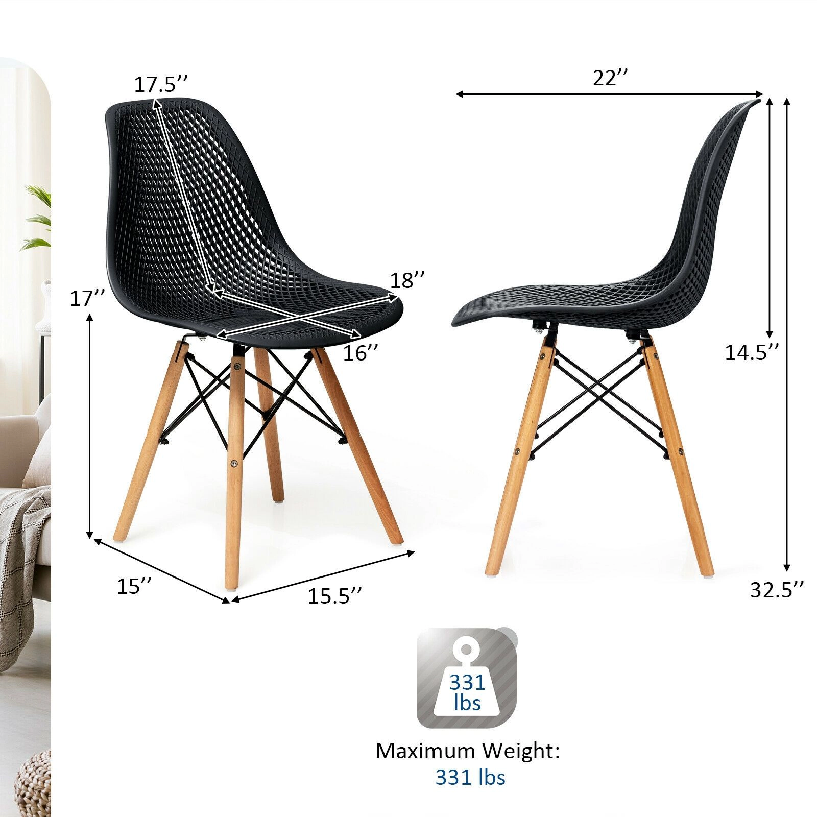 SlickBlue Unisex Set of 4 Hollow Back Plastic Chairs with Wood Legs