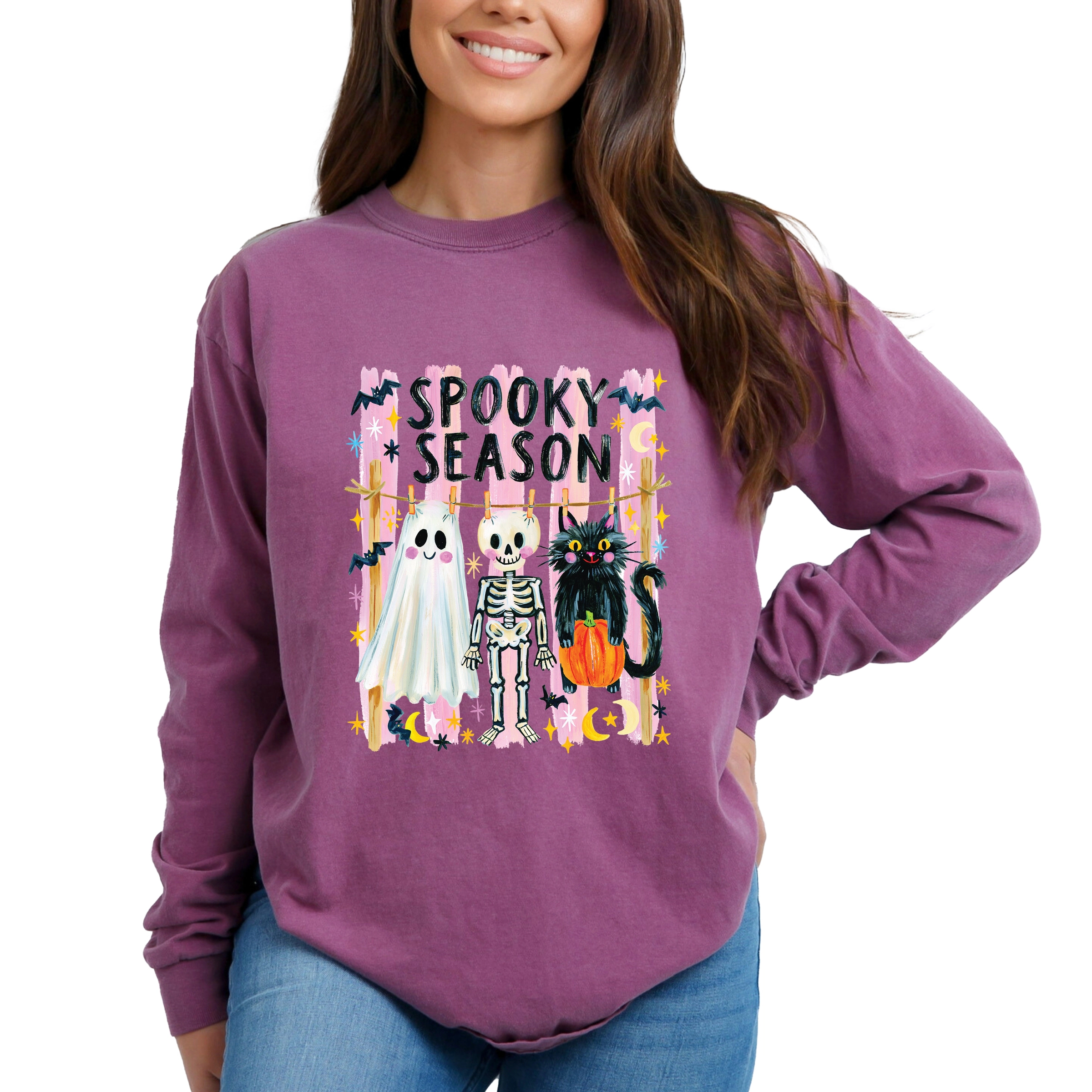 Simply Sage Market - Women's Garment Dyed Long Sleeve Graphic T-Shirt Halloween Character Clothesline
