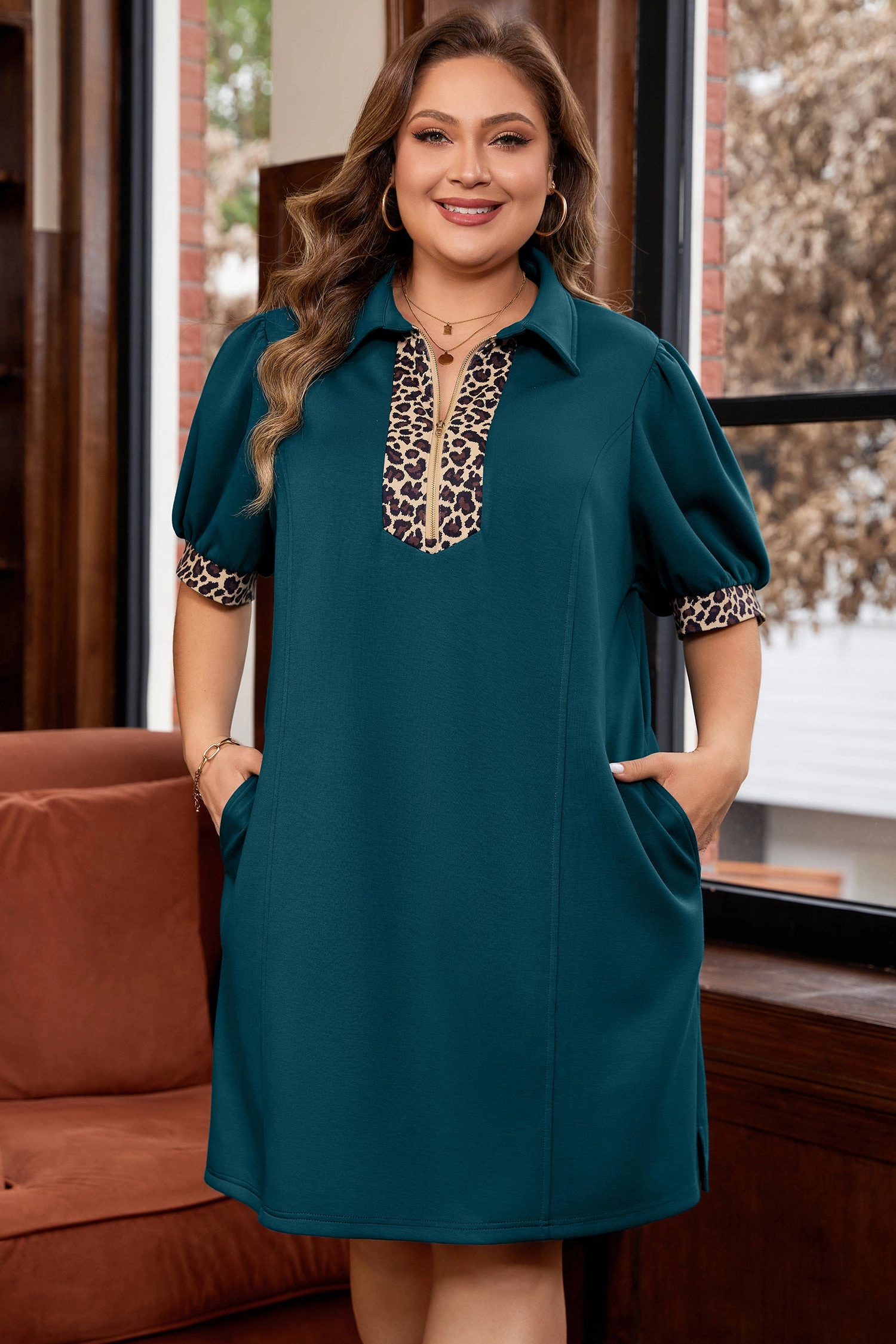 Threaded Pear Women's Keily Zip Collared Mini PLUS Dress