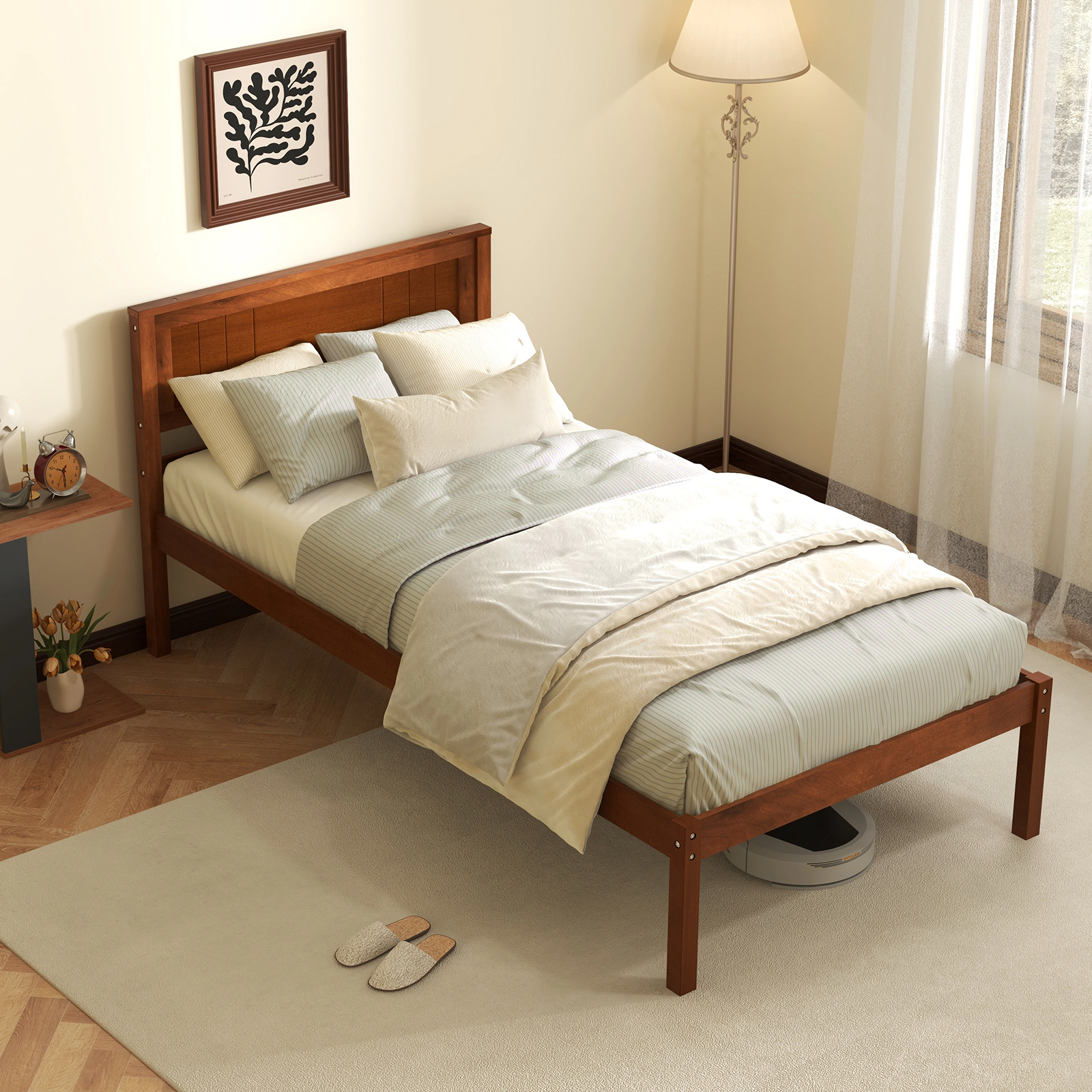 Twin Bed Frame Walnut Wood Platform Bed with Headboard and Footboard 440-lb Capacity Strapped Slats
