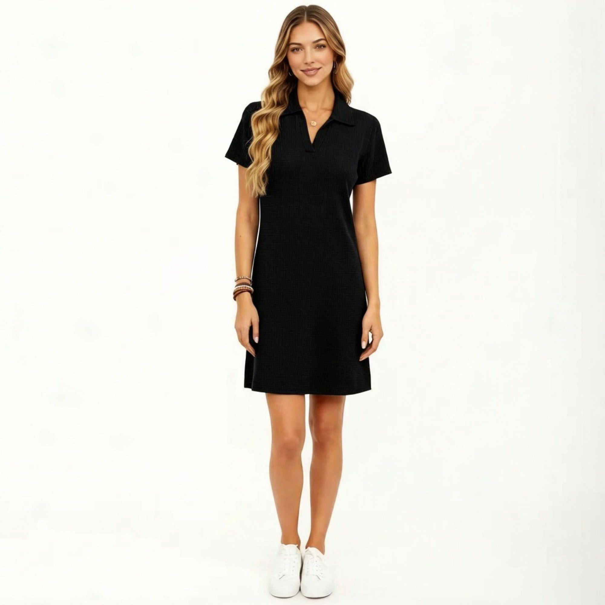 Anna-Kaci Women's Short Sleeve Collared Split V Neck Textured Knit Relaxed Fit Casual Mini Dress