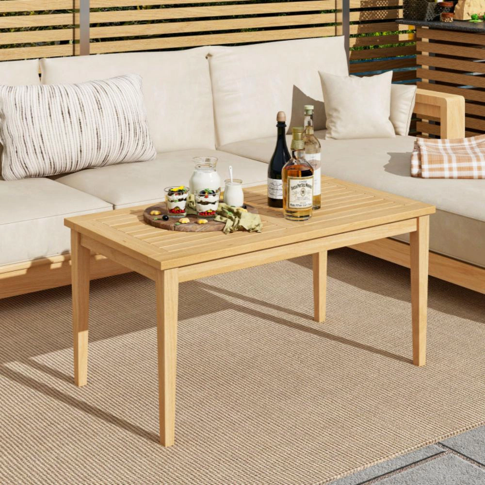 Hivvago 20 Inch X 35.5 Inch Outdoor Teak Wood Coffee Table With Slatted Tabletop For Balcony