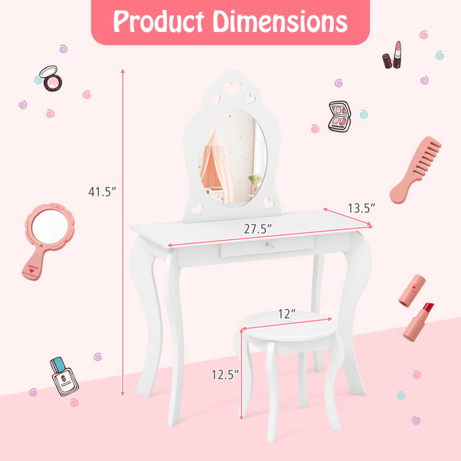 SUGIFT Kids Princess Makeup Dressing Vanity Table and Stool Set with Mirror 66-lb Stool Capacity Pink/White