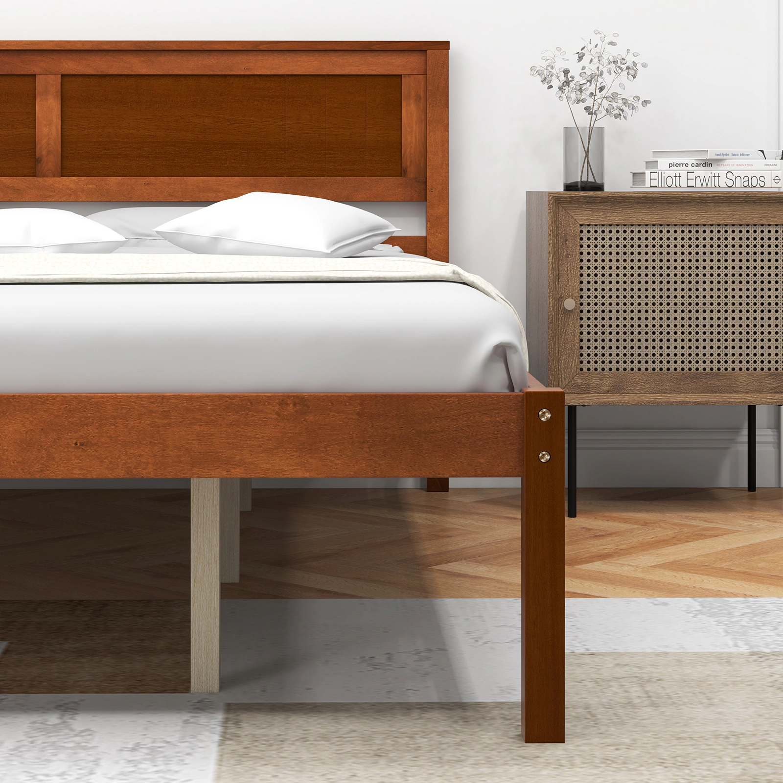 Queen Size Walnut Wood Bed Frame with Headboard and 16-in Footboard Low Profile Platform Bed with Center Support Legs