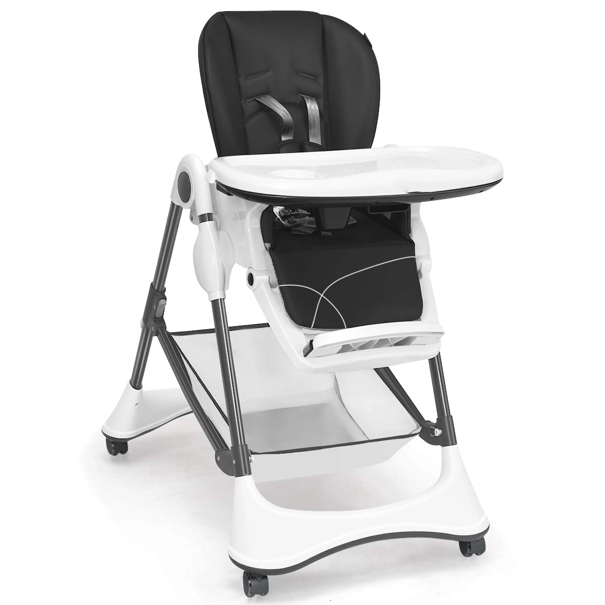 SUGIFT Gray 4 Lockable Wheels and 5-Point Harness A-Shaped Foldable Baby High Chair