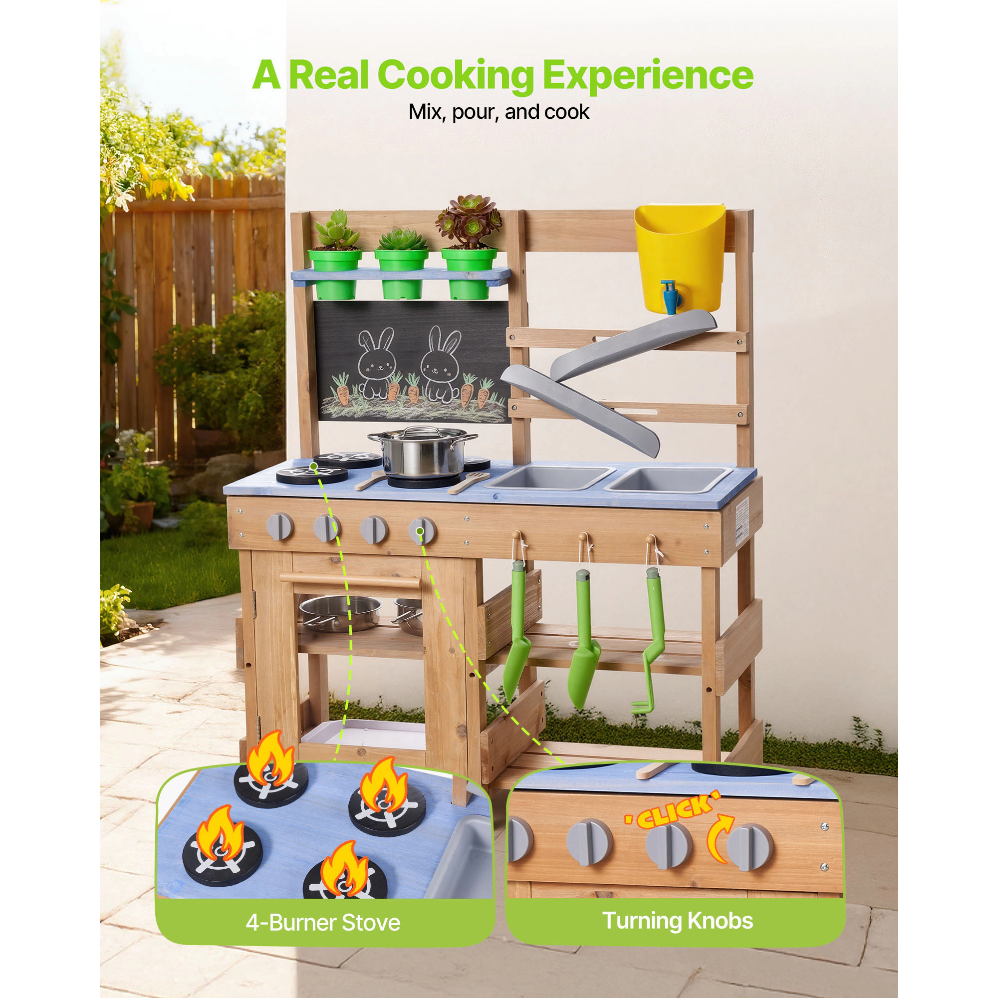 HONGGE Mud Kitchen, Outdoor Kitchen for Kids, Wood Play Kitchens with Sink, Tank, Shovels