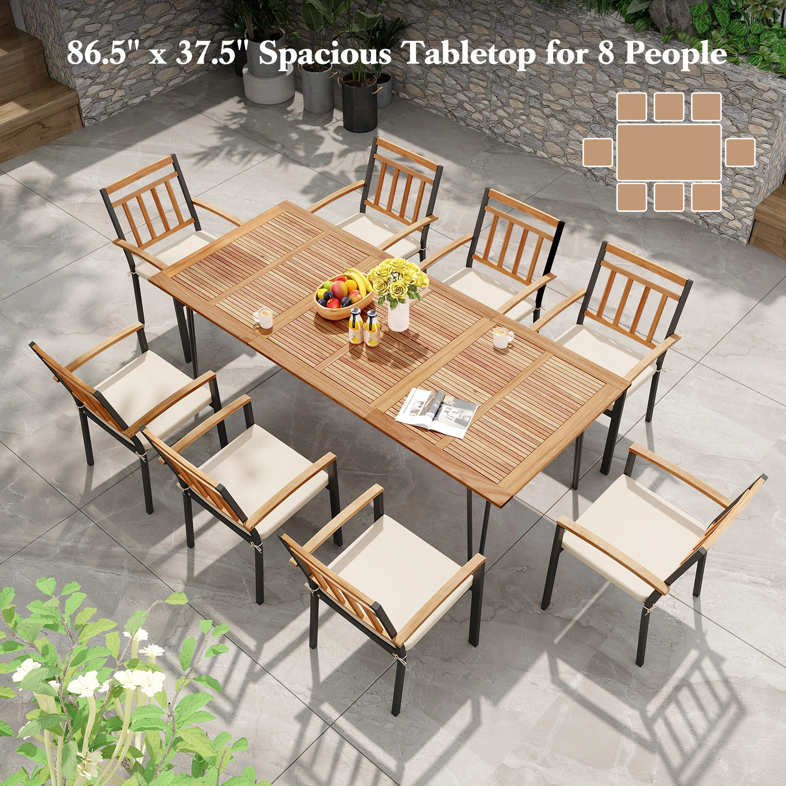 SUGIFT 86.5-in Acacia Wood Outdoor Dining Table for 8 with Umbrella Hole
