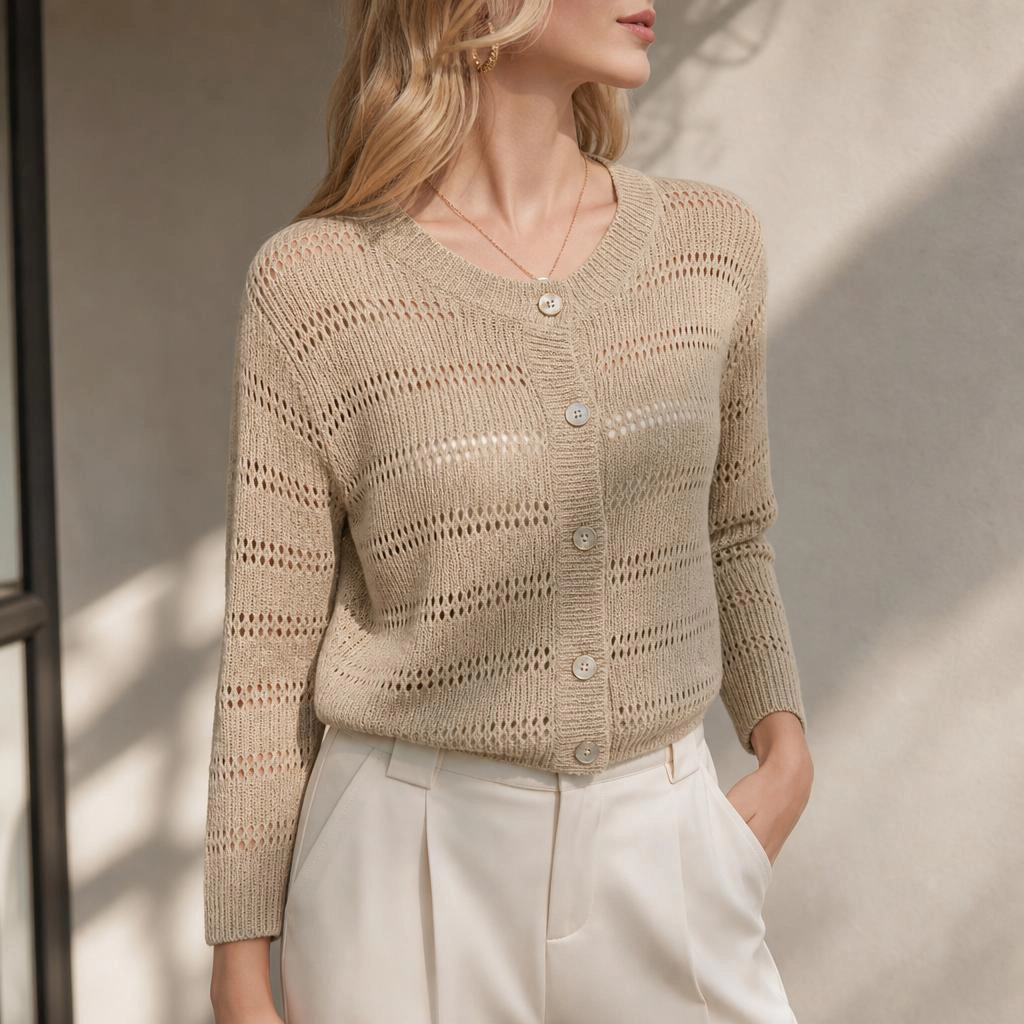 YesFashion Womens 3/4 sleeve Cardigan Shrugs Casual Crewneck Button Down Hollow Out Crochet Sweater