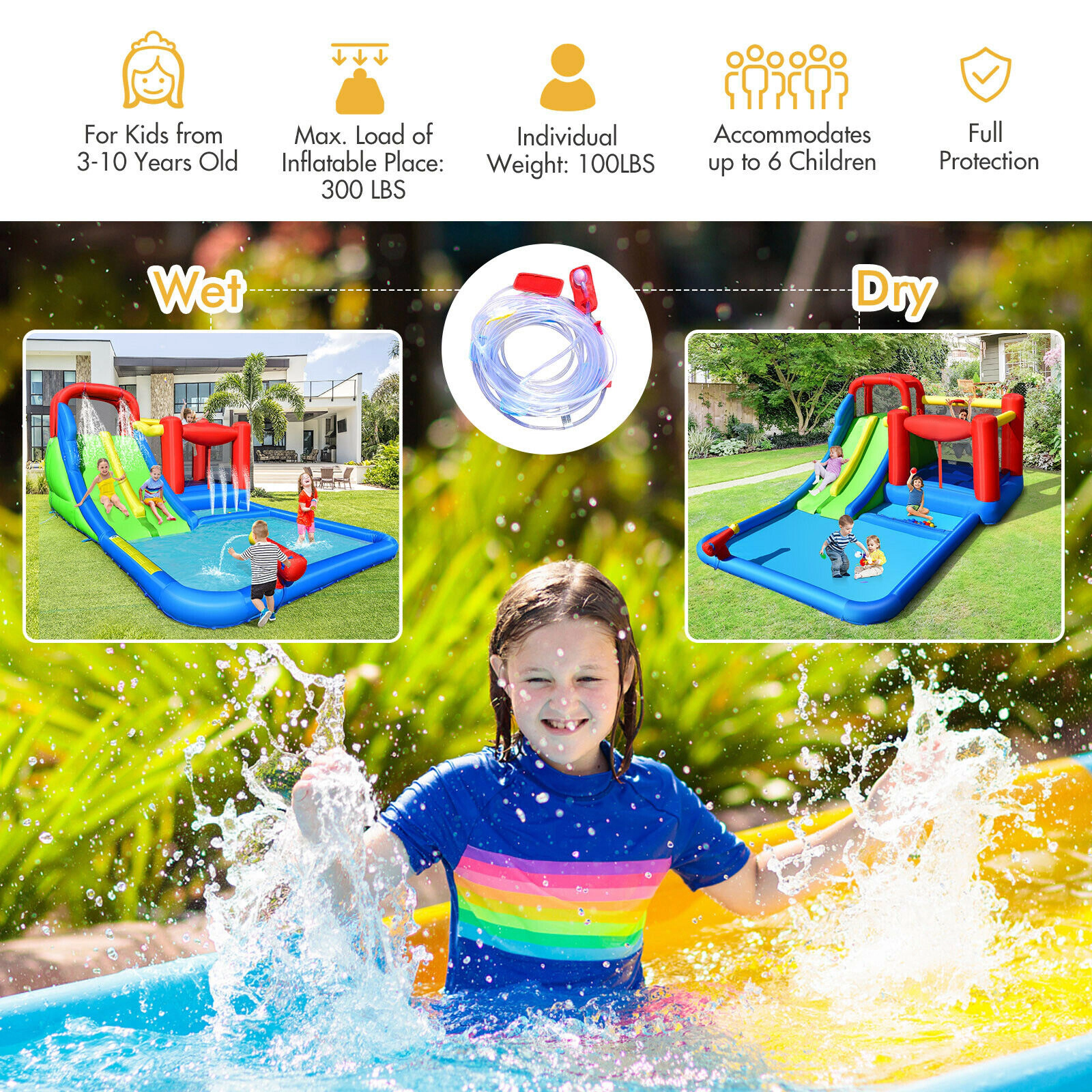 SUGIFT Inflatable Water Slide Bounce House with Ocean Spheres and Basketball Hoop 300-lb Total Capacity Ages 3-10
