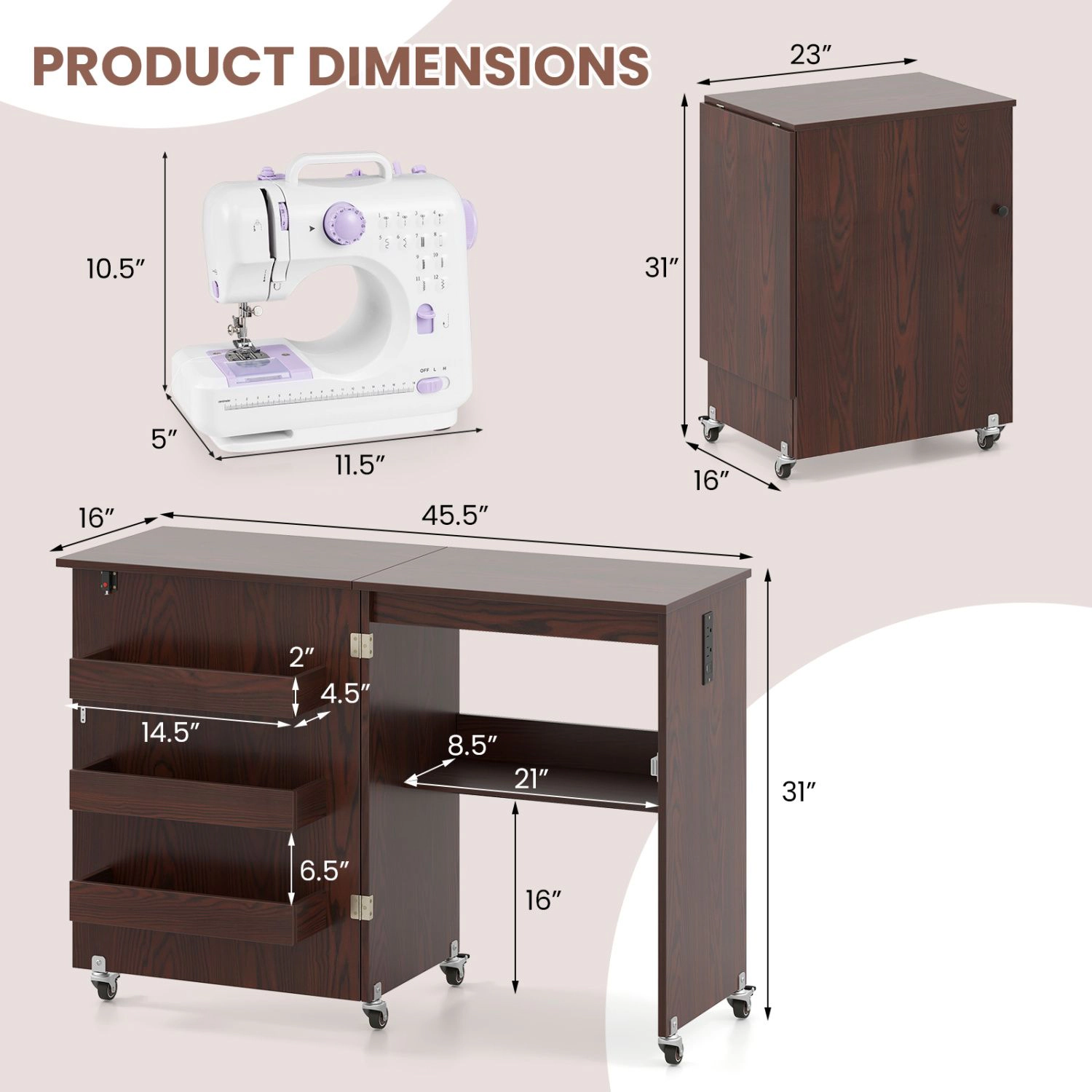 SlickBlue Portable Sewing Machine Table with Power Outlet Foldable Craft Desk