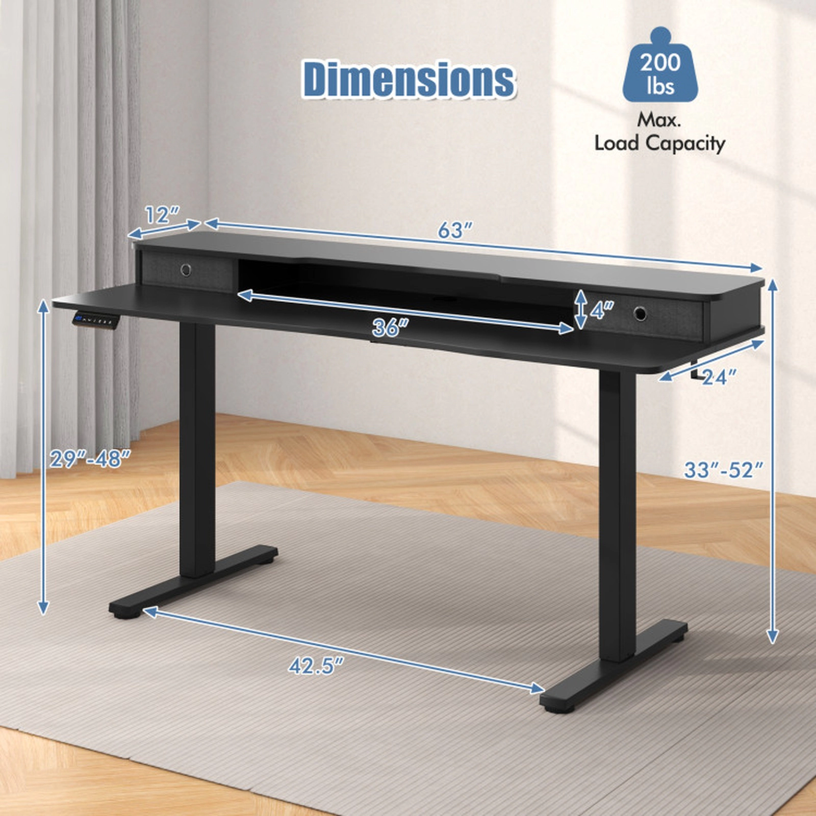 SUGIFT 63-in Black Large Electric Sit Stand Gaming Standing Desk with Dual Monitor Shelf and 2 Drawers