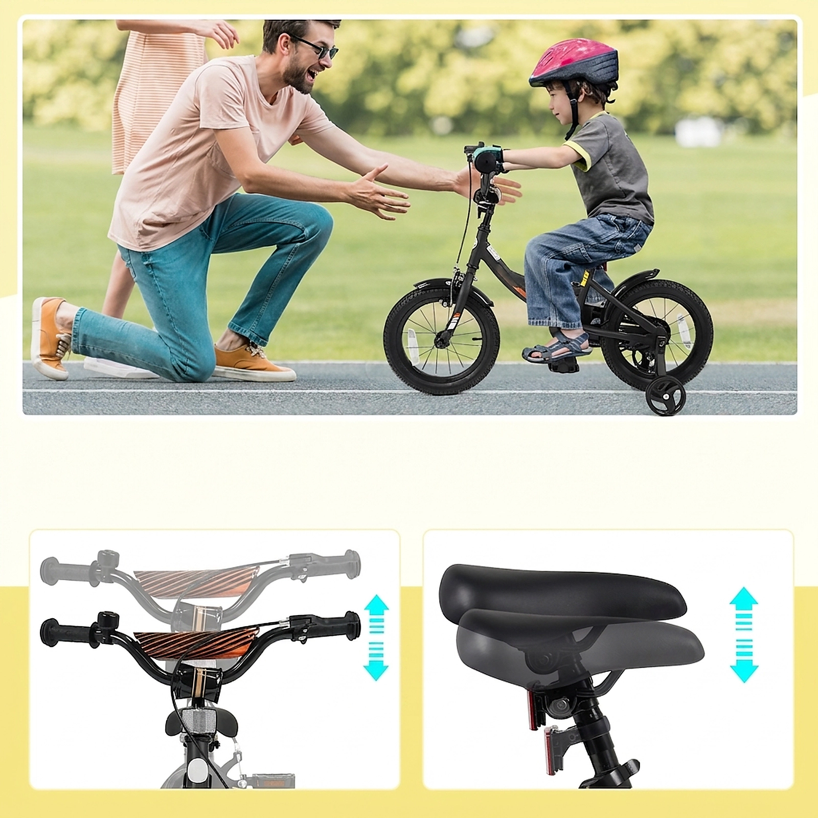 14-in Kids Bike Removable Training Wheels Adjustable Seat Ages 3-5 Black Bicycle Kickstand and 145-lb Seat Capacity